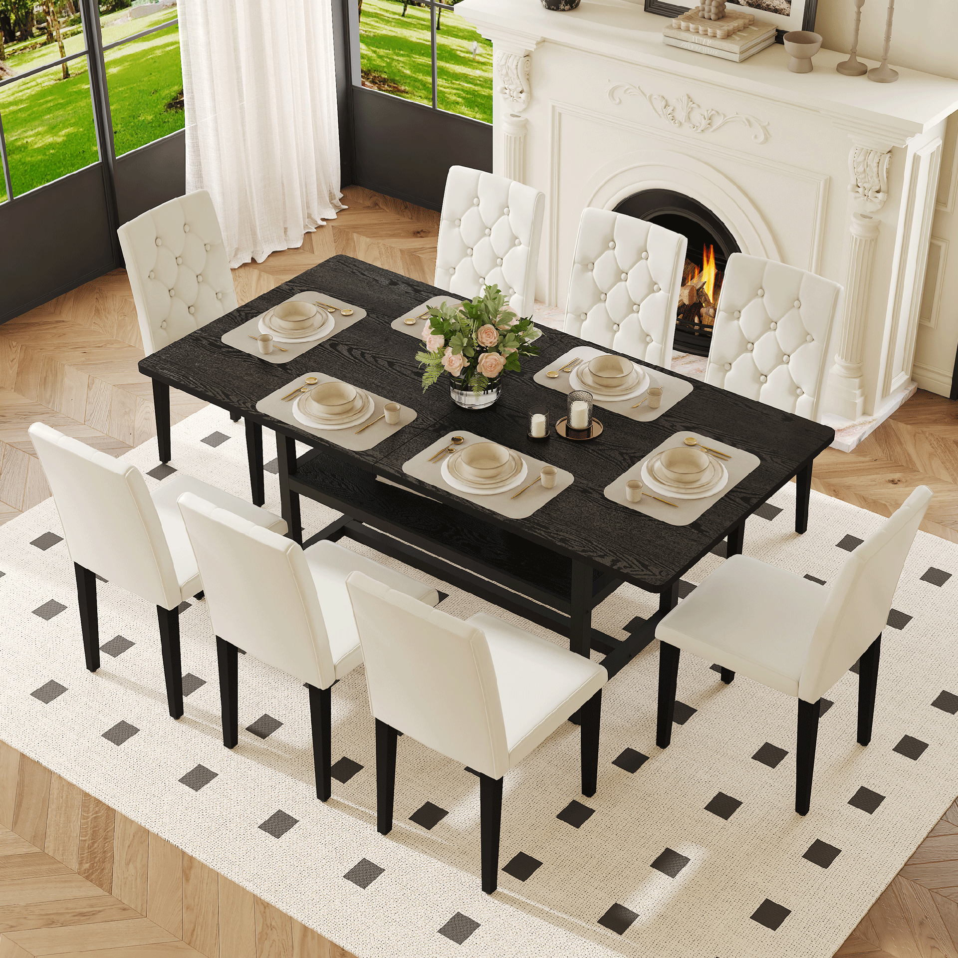 Table and chair set.71*35.4 inch Black Grain Spliced Dining Table With Storage Function In The Middle Of The Table Legs.Paired with 8 WHITE PU dining chairs with ergonomic buckle backrest.