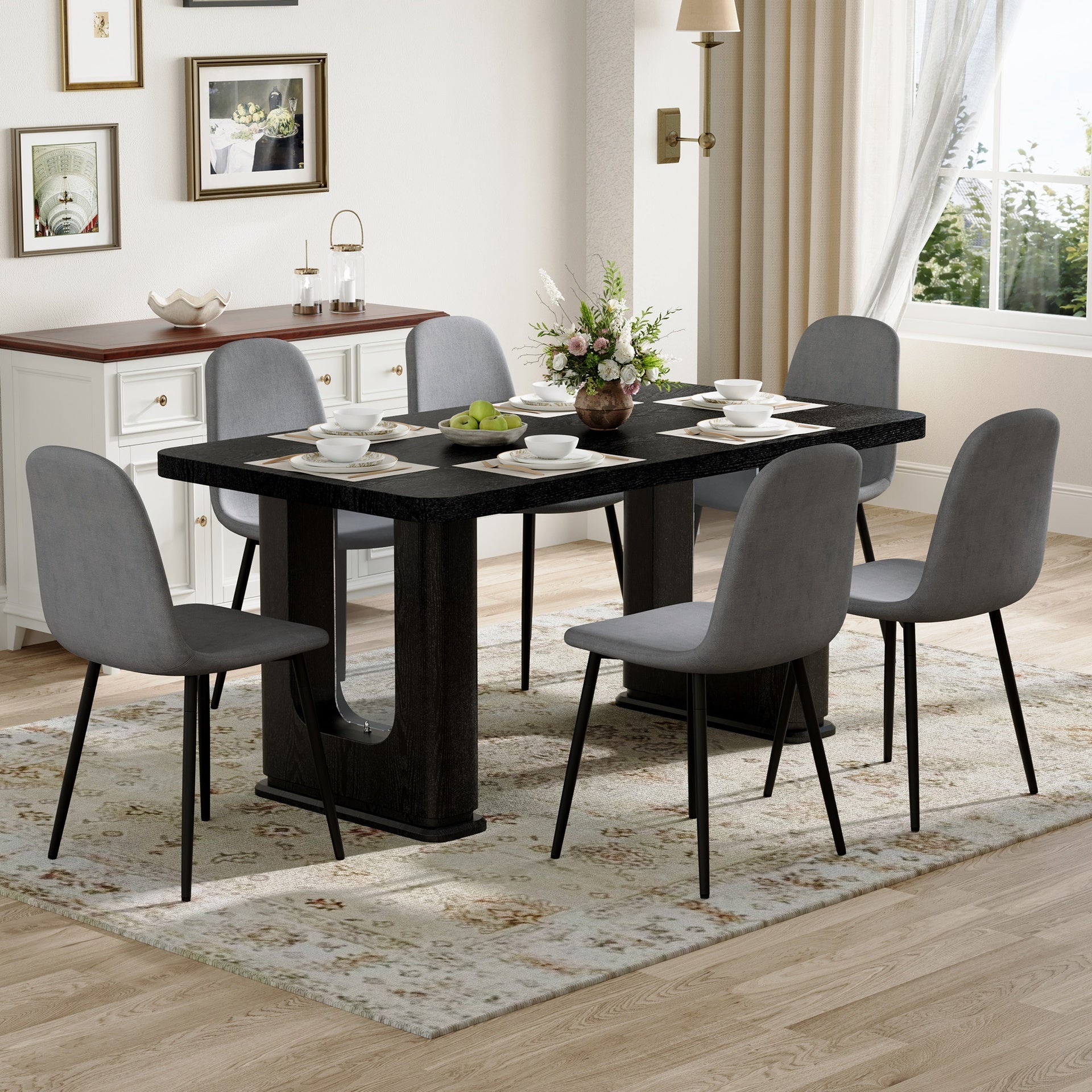 Table and chair set.64.5 x 35.4 Inch Stylish Black Wood Color Textured Dining Table.Paired with 6 Dark Gray Linen-Cotton Material High Resilience Dining Chair with Metal Leg.