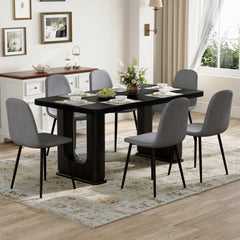 Table and chair set.64.5 x 35.4 Inch Stylish Black Wood Color Textured Dining Table.Paired with 6 Dark Gray Linen-Cotton Material High Resilience Dining Chair with Metal Leg.