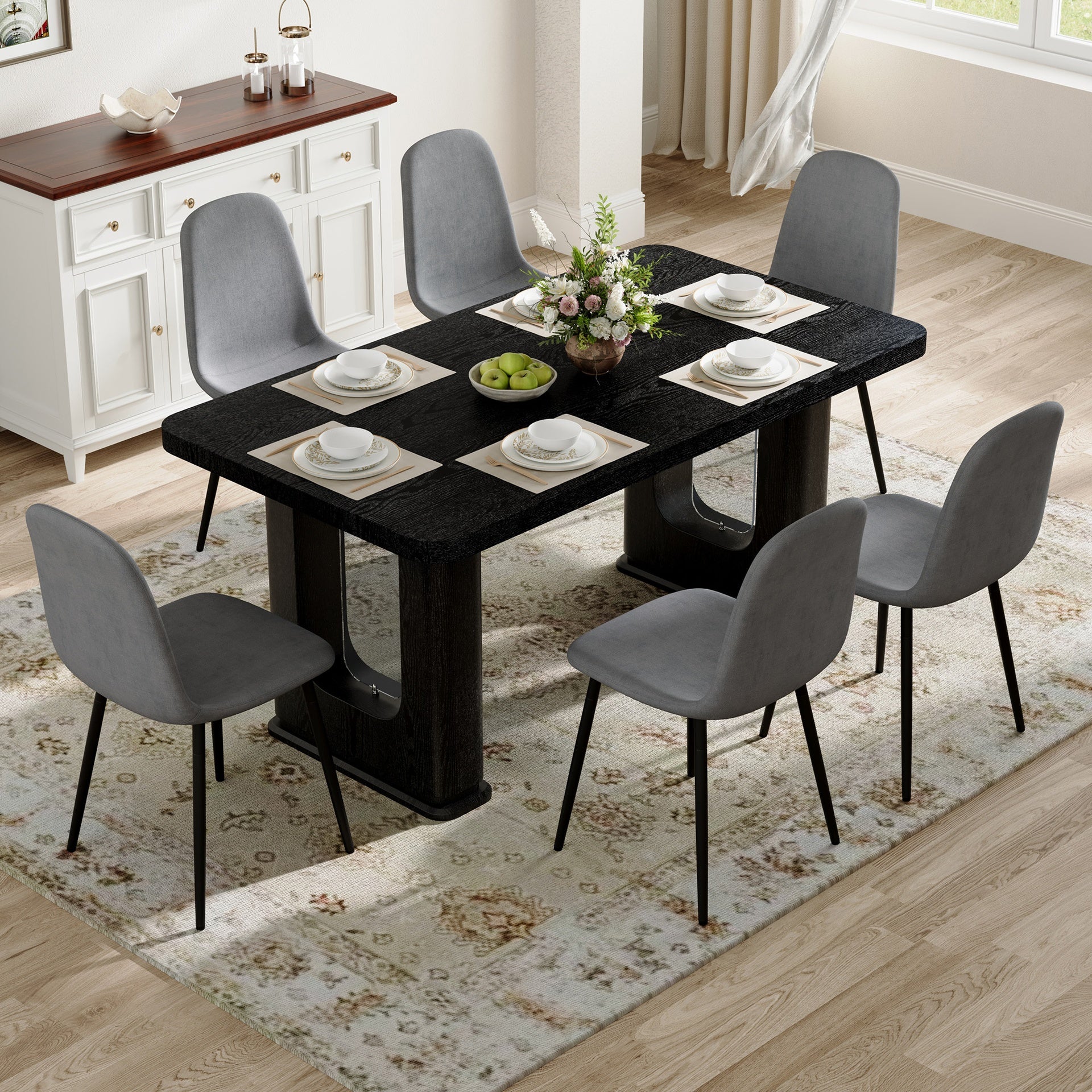 Table and chair set.64.5 x 35.4 Inch Stylish Black Wood Color Textured Dining Table.Paired with 6 Dark Gray Linen-Cotton Material High Resilience Dining Chair with Metal Leg.