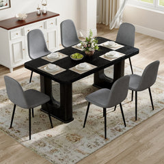 Table and chair set.64.5 x 35.4 Inch Stylish Black Wood Color Textured Dining Table.Paired with 6 Dark Gray Linen-Cotton Material High Resilience Dining Chair with Metal Leg.