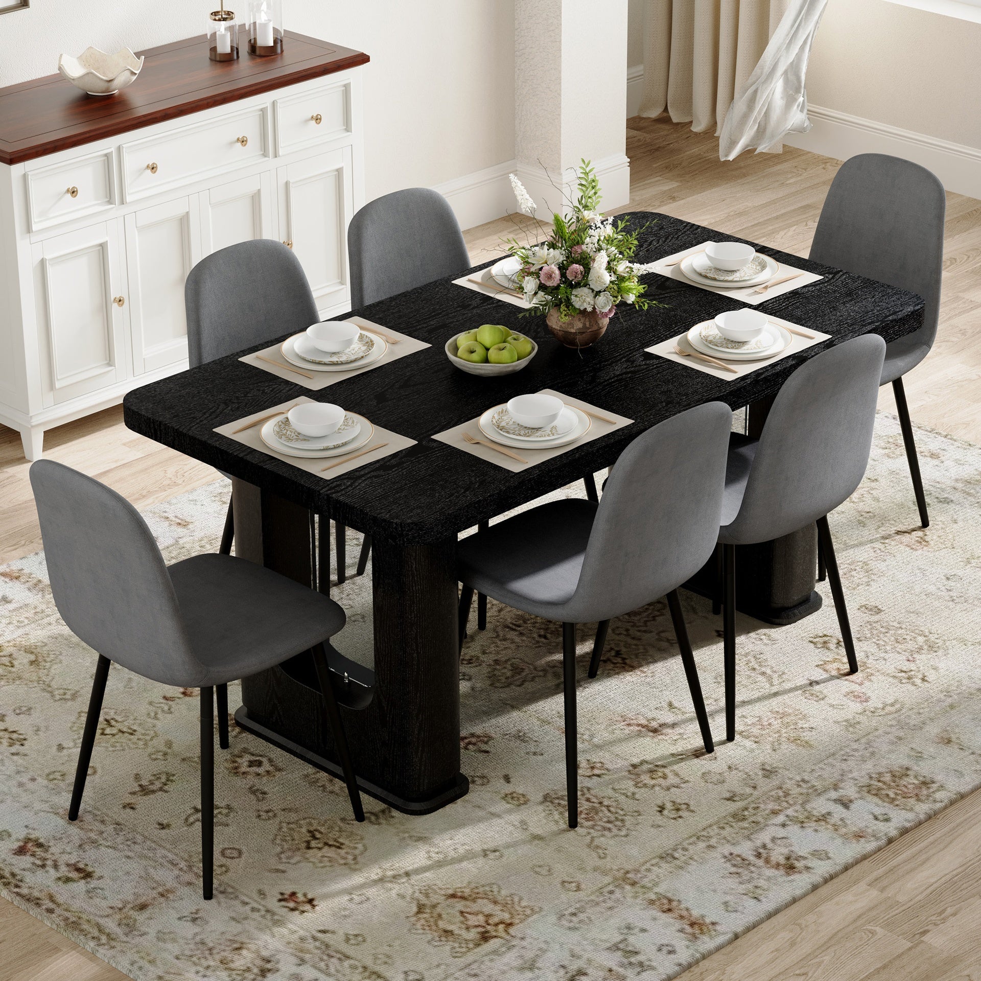 Table and chair set.64.5 x 35.4 Inch Stylish Black Wood Color Textured Dining Table.Paired with 6 Dark Gray Linen-Cotton Material High Resilience Dining Chair with Metal Leg.