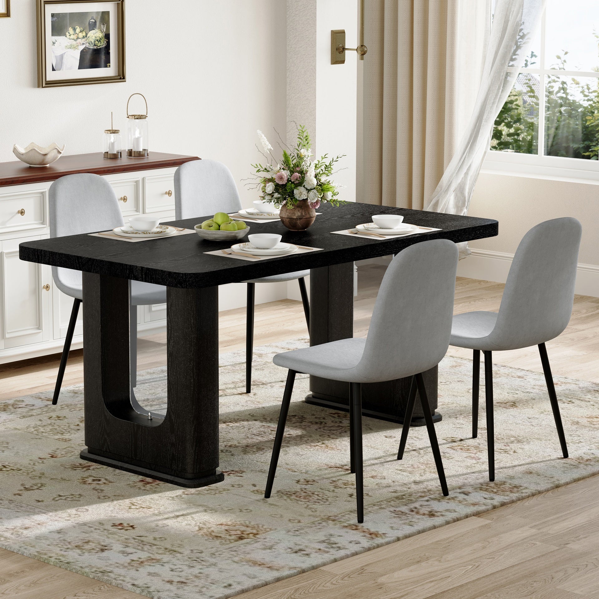 Table and chair set.64.5 x 35.4 Inch Stylish Black Wood Color Textured Dining Table.Paired with 4 Light Gray Linen-Cotton Material High Resilience Dining Chair with Metal Leg.