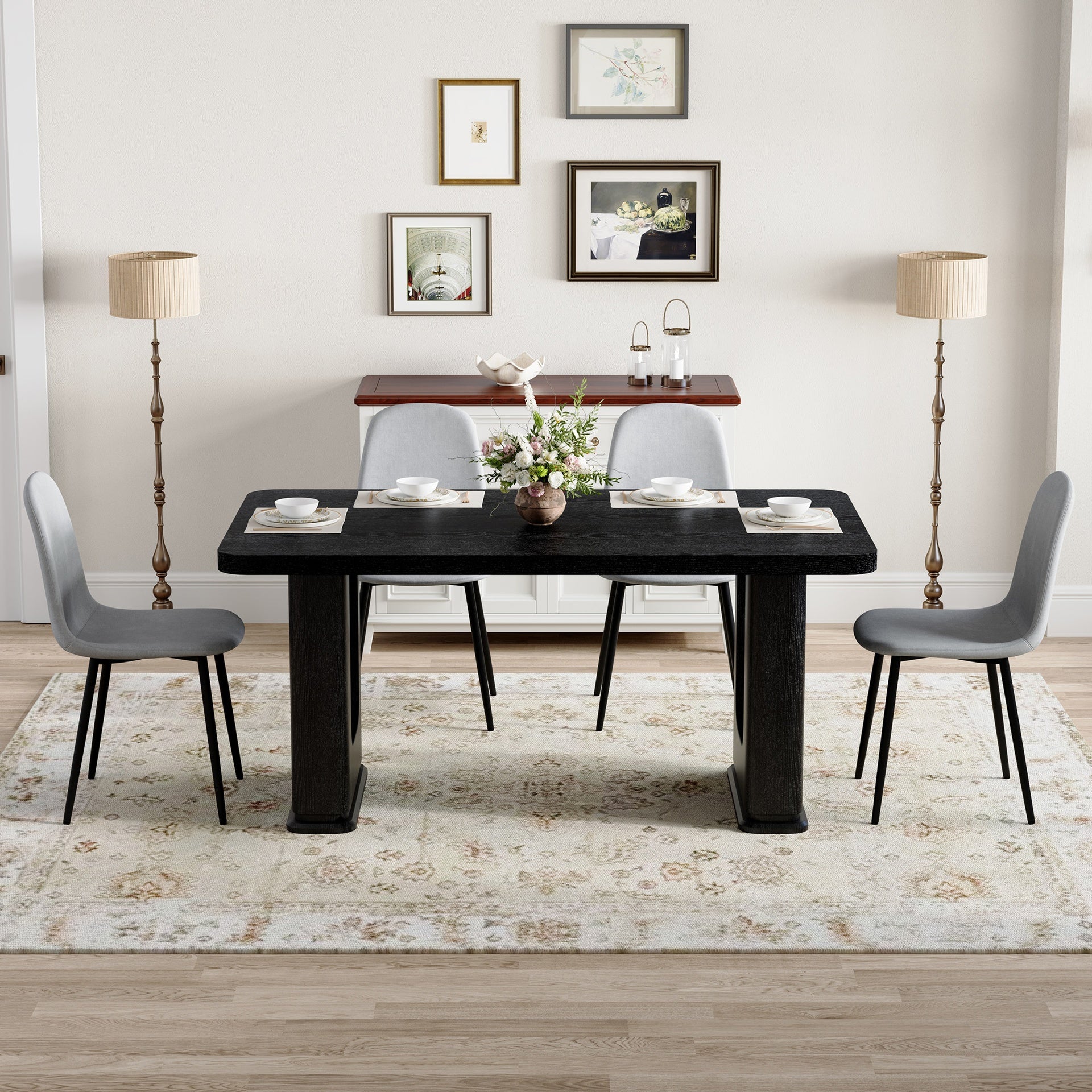 Table and chair set.64.5 x 35.4 Inch Stylish Black Wood Color Textured Dining Table.Paired with 4 Light Gray Linen-Cotton Material High Resilience Dining Chair with Metal Leg.