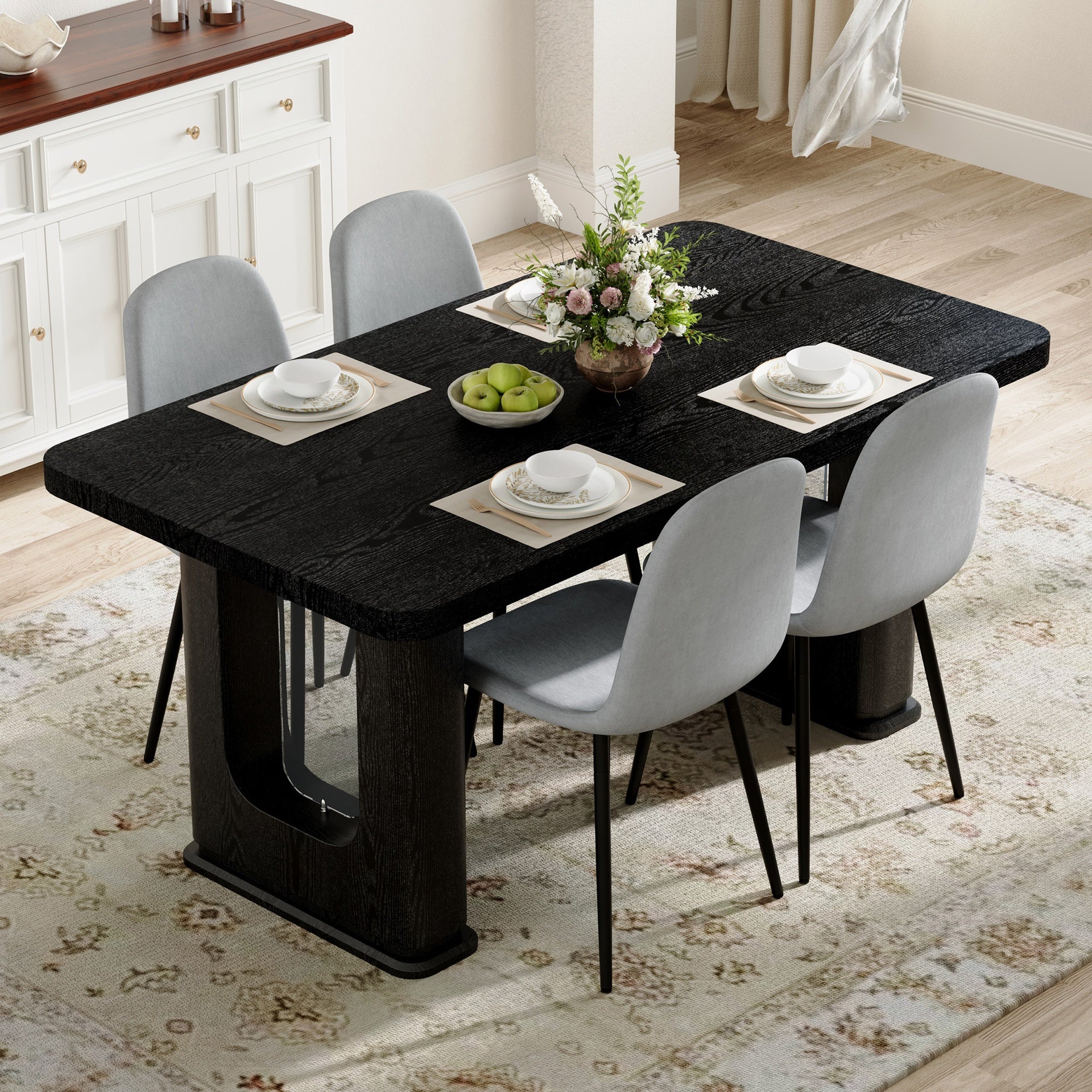 Table and chair set.64.5 x 35.4 Inch Stylish Black Wood Color Textured Dining Table.Paired with 4 Light Gray Linen-Cotton Material High Resilience Dining Chair with Metal Leg.