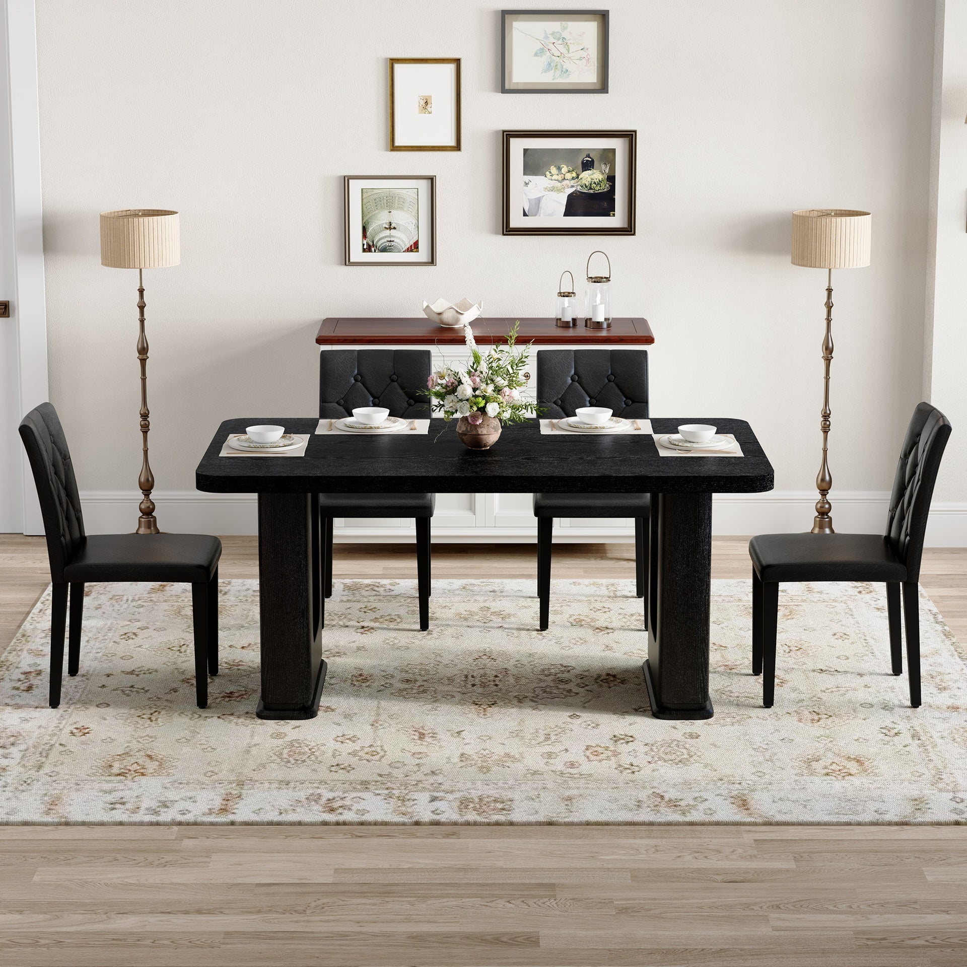 Table and chair set.64.5 x 35.4 Inch Stylish Black Wood Color Textured Dining Table.4-pack black PU dining chairs: ergonomic buckle backrest.Exudes A Strong Sense Of Fashion.