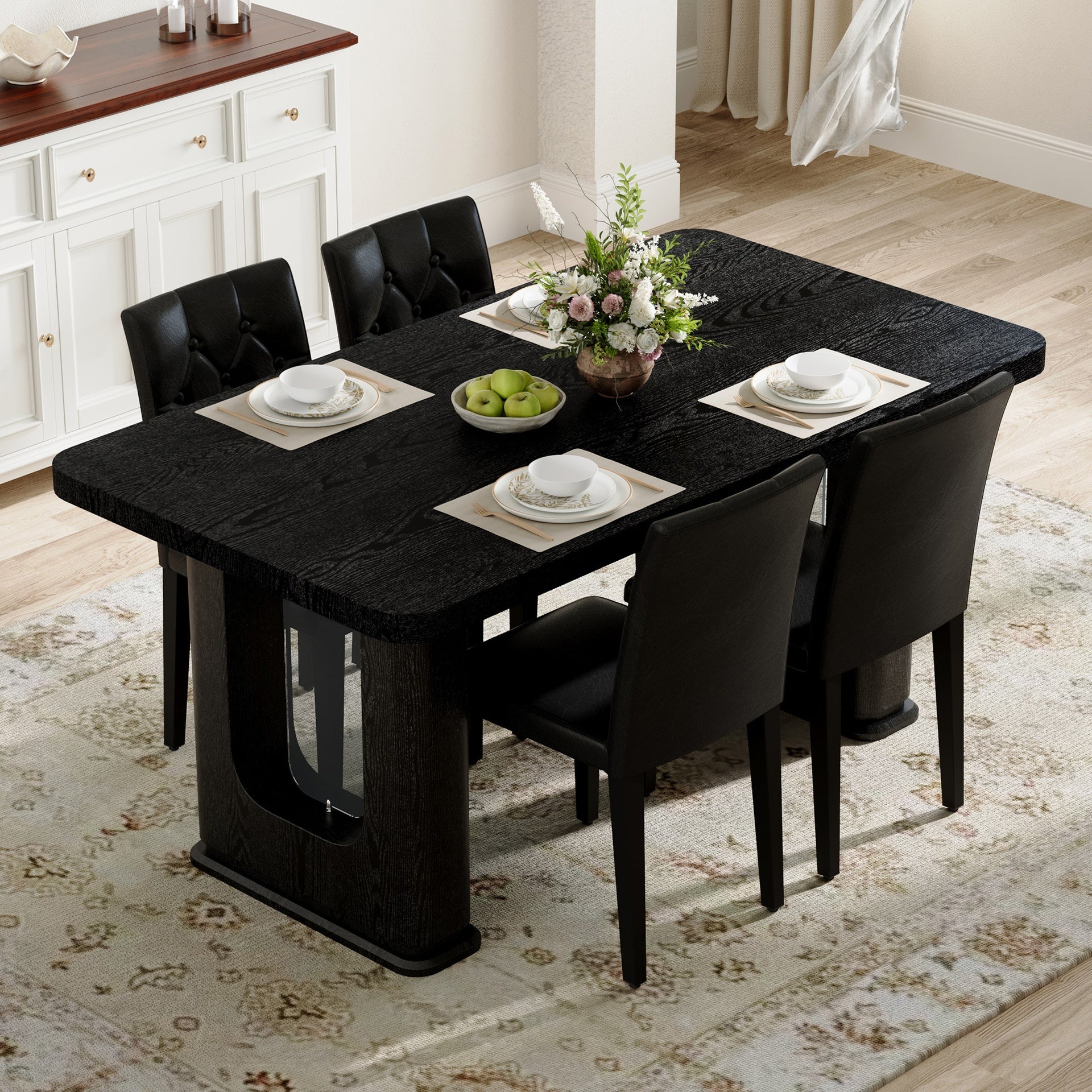 Table and chair set.64.5 x 35.4 Inch Stylish Black Wood Color Textured Dining Table.4-pack black PU dining chairs: ergonomic buckle backrest.Exudes A Strong Sense Of Fashion.
