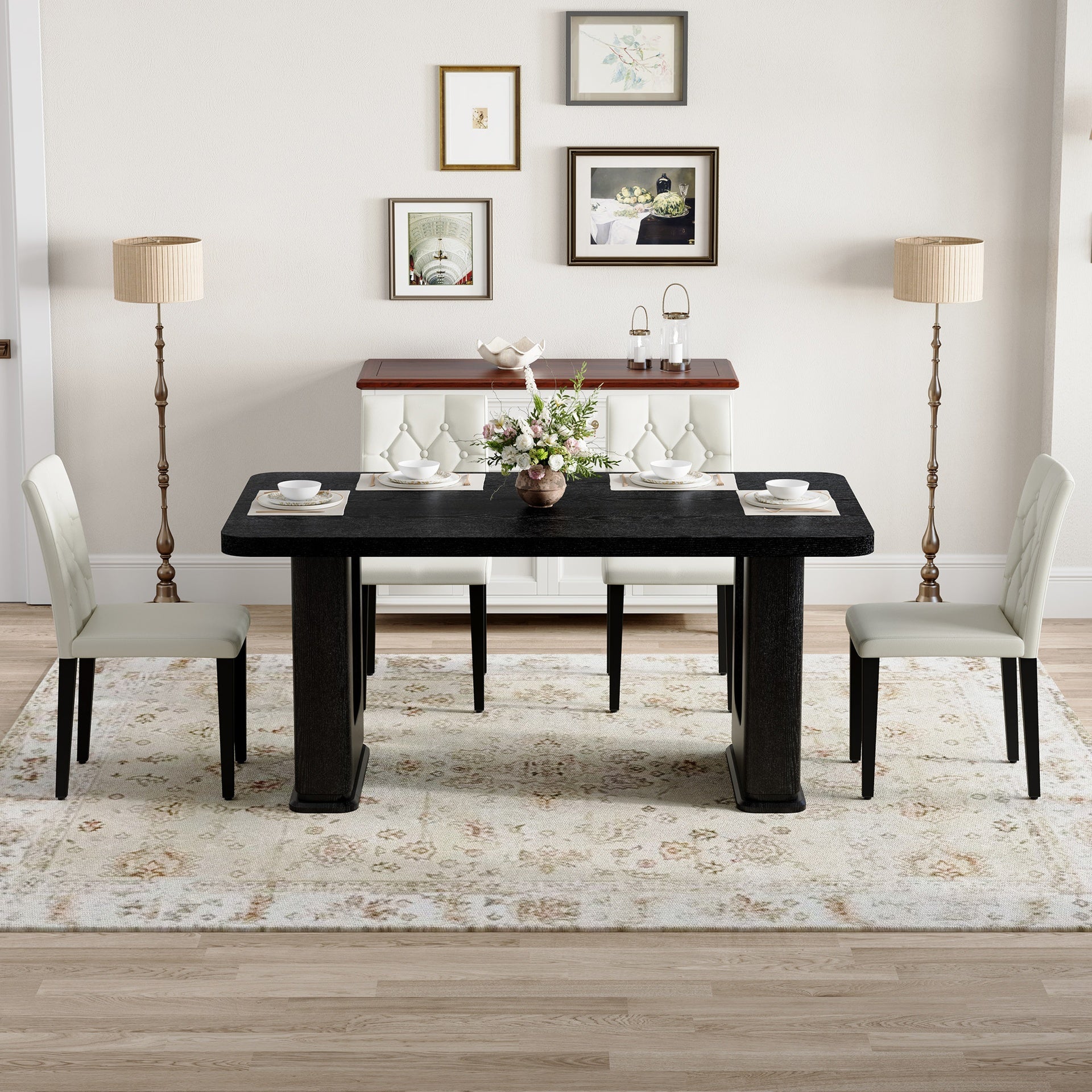 Table and chair set.64.5 x 35.4 Inch Stylish Black Wood Color Textured Dining Table.4-pack white PU dining chairs: ergonomic buckle backrest.Exudes A Strong Sense Of Fashion.
