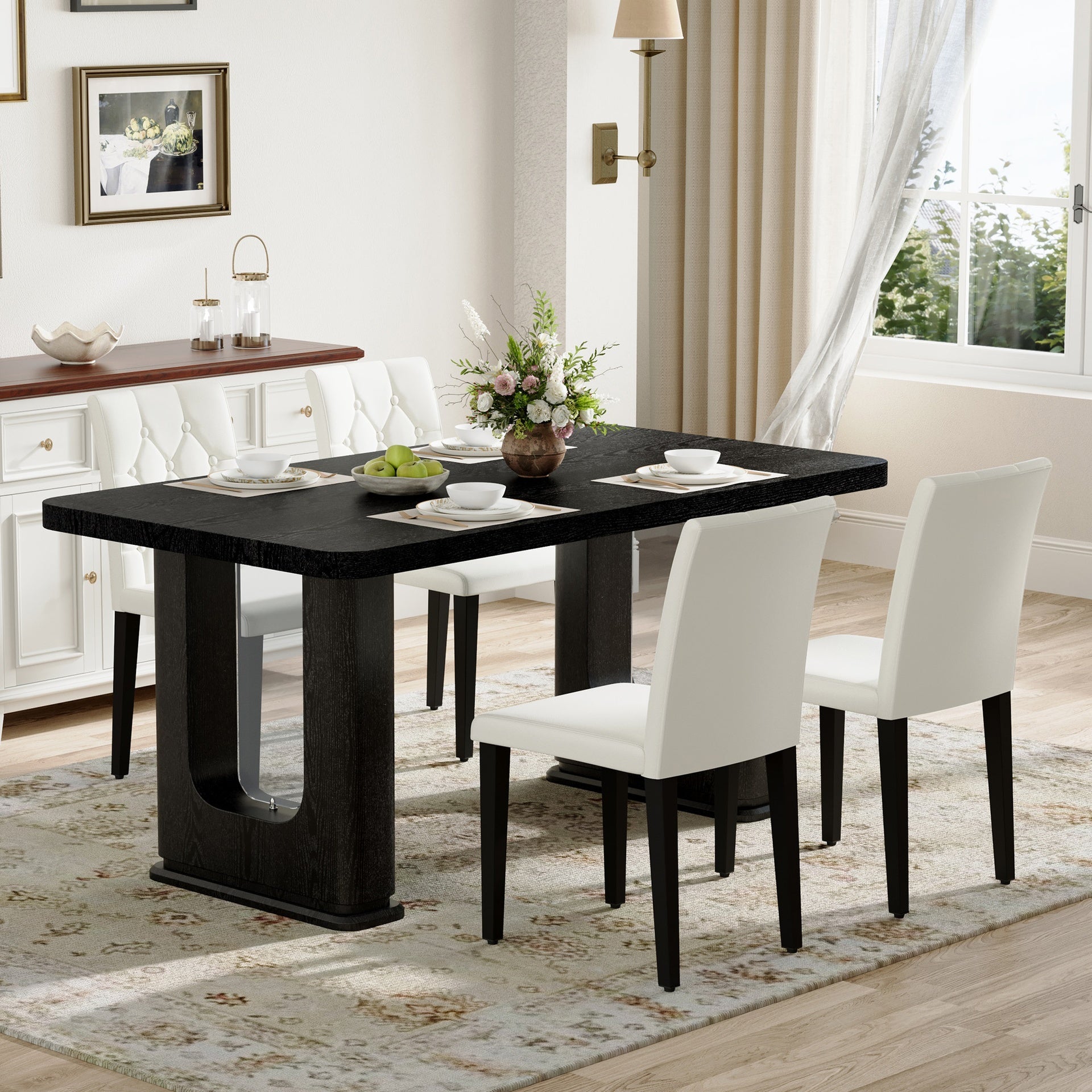 Table and chair set.64.5 x 35.4 Inch Stylish Black Wood Color Textured Dining Table.4-pack white PU dining chairs: ergonomic buckle backrest.Exudes A Strong Sense Of Fashion.