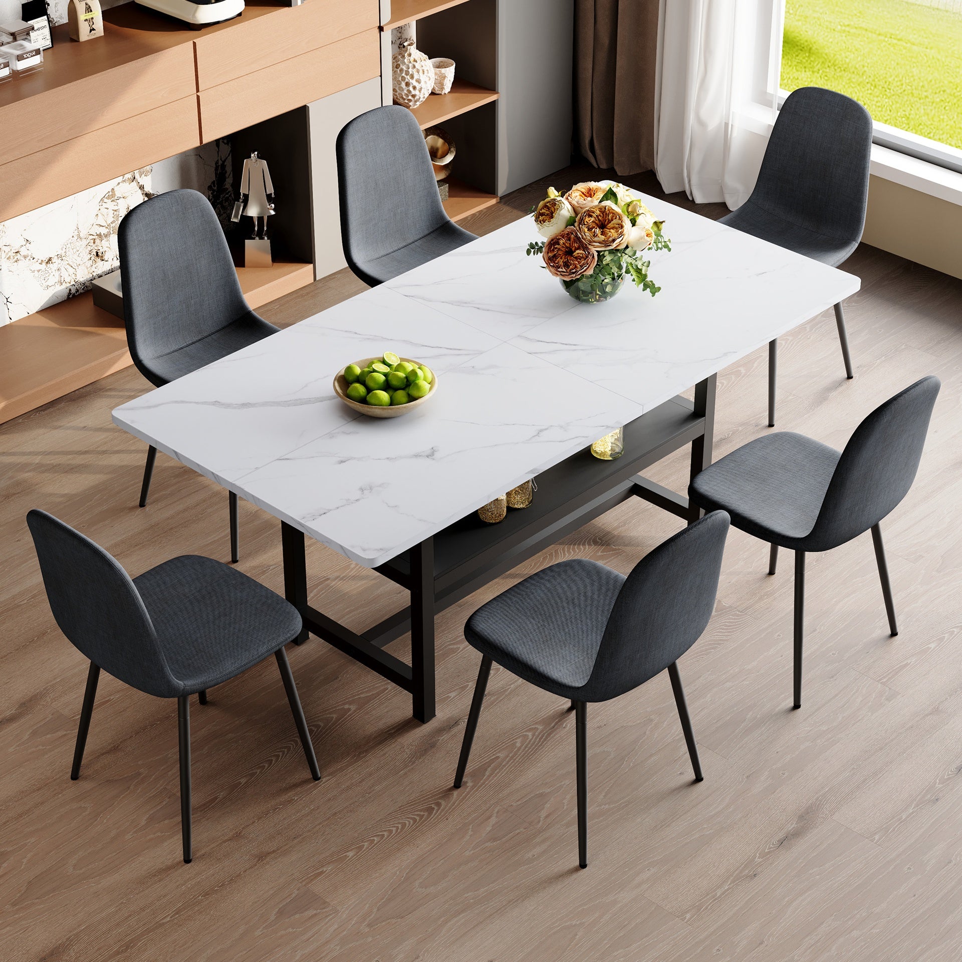 Table and chair set.71*35.4 inch Black Grain Spliced Dining Table With Storage Function In The Middle Of The Table Legs.Paired with 6 Dark Gray Linen-Cotton Material High Resilience Dining Chairs.