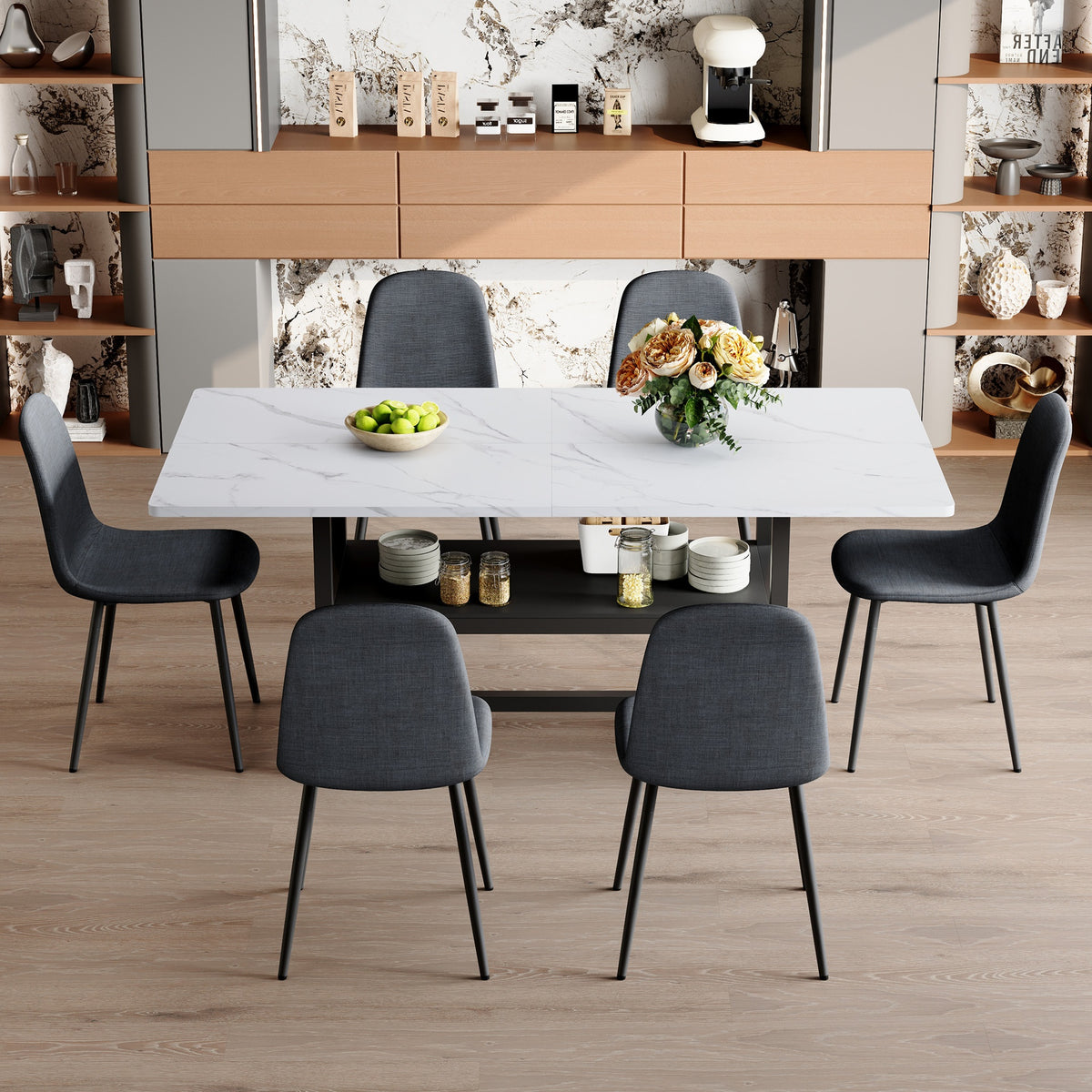Table and chair set.71*35.4 inch Black Grain Spliced Dining Table With Storage Function In The Middle Of The Table Legs.Paired with 6 Dark Gray Linen-Cotton Material High Resilience Dining Chairs.