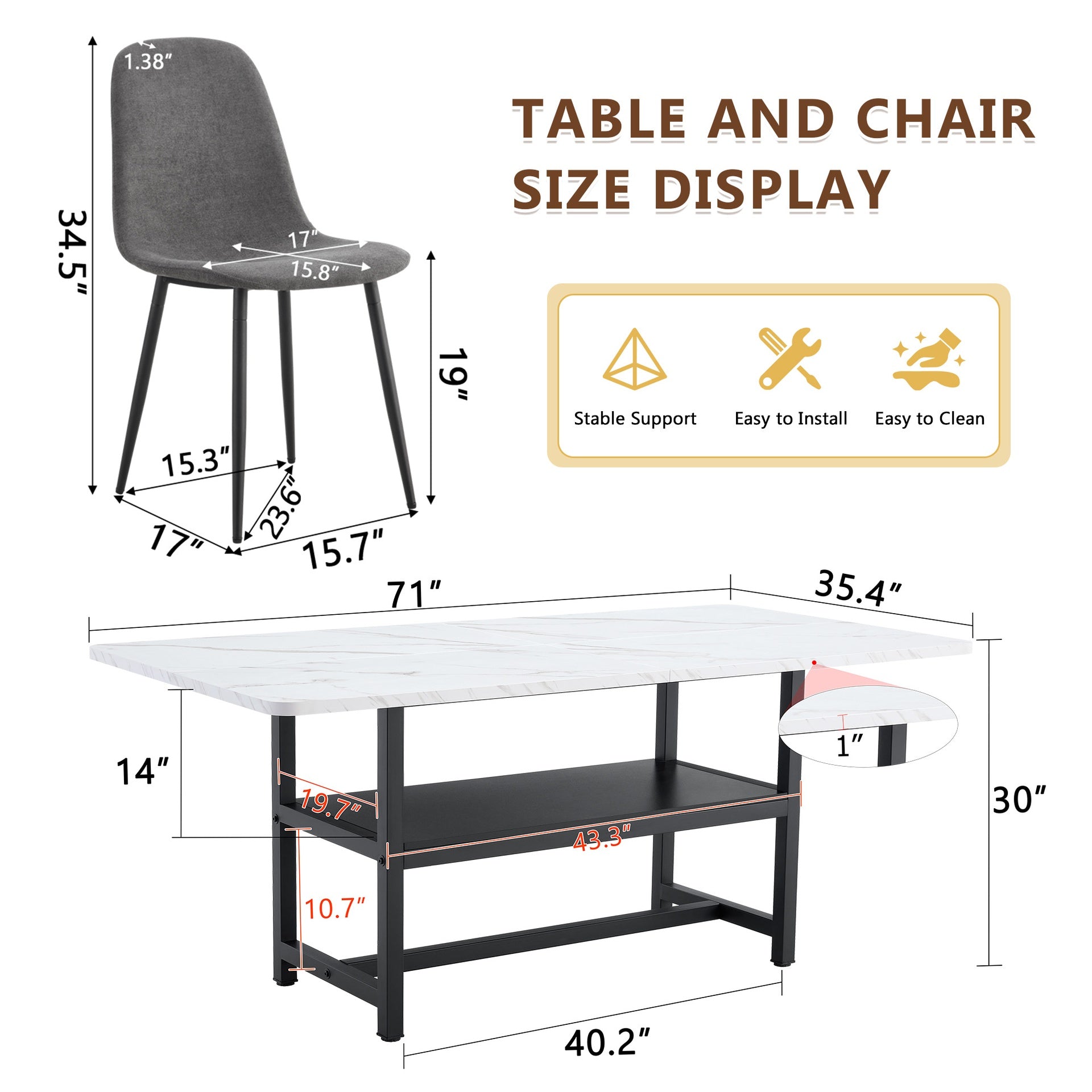 Table and chair set.71*35.4 inch Black Grain Spliced Dining Table With Storage Function In The Middle Of The Table Legs.Paired with 6 Dark Gray Linen-Cotton Material High Resilience Dining Chairs.