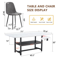 Table and chair set.71*35.4 inch Black Grain Spliced Dining Table With Storage Function In The Middle Of The Table Legs.Paired with 6 Dark Gray Linen-Cotton Material High Resilience Dining Chairs.