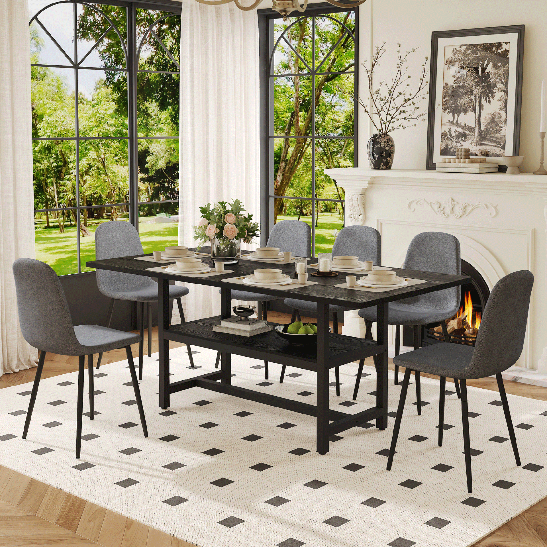 Table and chair set.71*35.4 inch Black Grain Spliced Dining Table With Storage Function In The Middle Of The Table Legs.Paired with 6 Dark Gray Linen-Cotton Material High Resilience Dining Chairs.