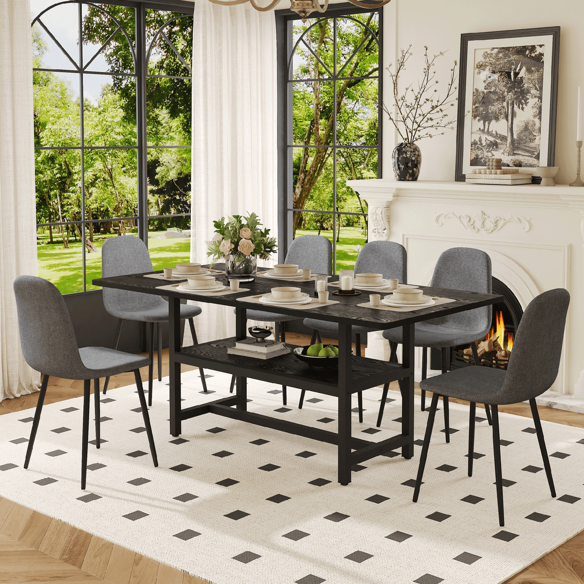 Table and chair set.71*35.4 inch Black Grain Spliced Dining Table With Storage Function In The Middle Of The Table Legs.Paired with 6 Dark Gray Linen-Cotton Material High Resilience Dining Chairs.