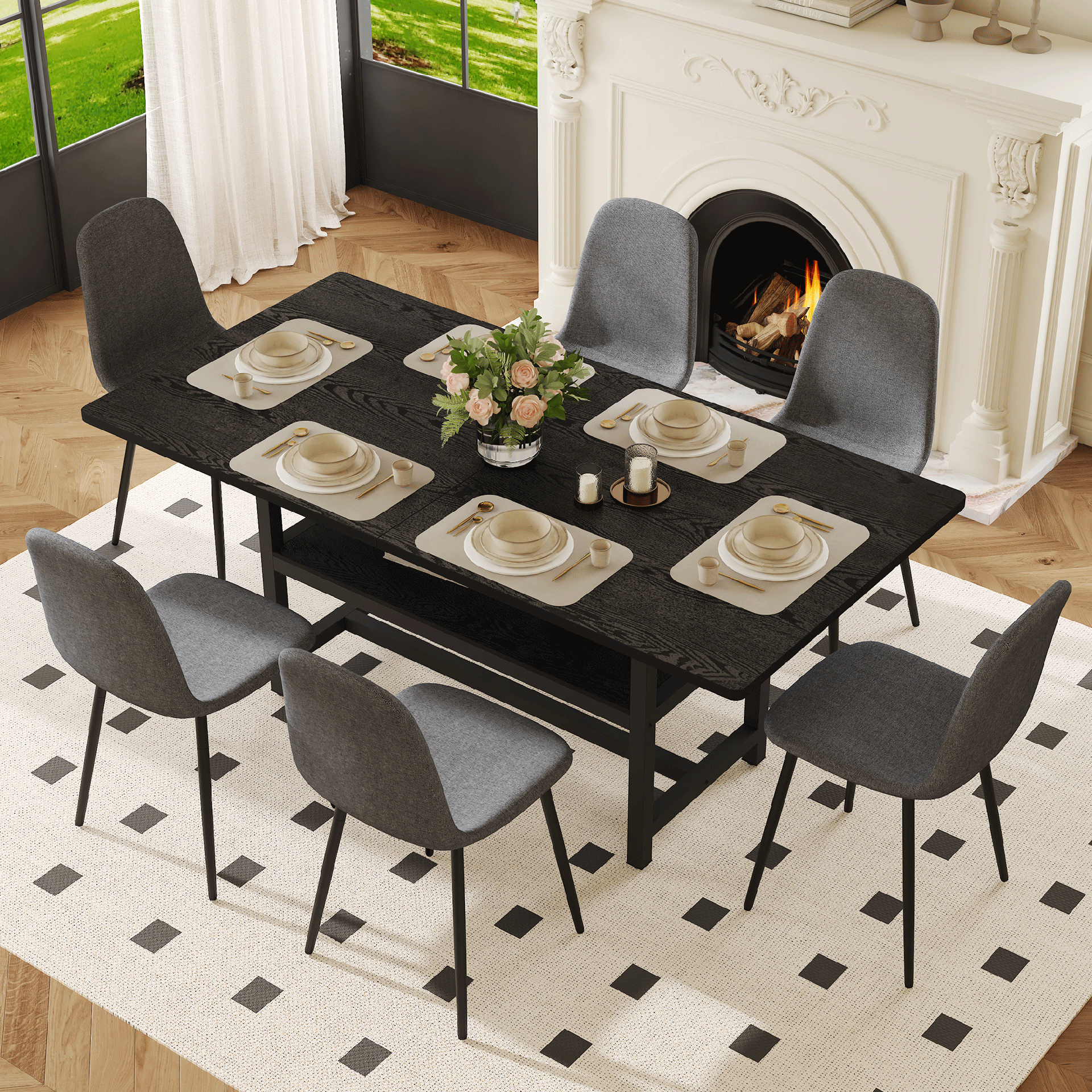 Table and chair set.71*35.4 inch Black Grain Spliced Dining Table With Storage Function In The Middle Of The Table Legs.Paired with 6 Dark Gray Linen-Cotton Material High Resilience Dining Chairs.