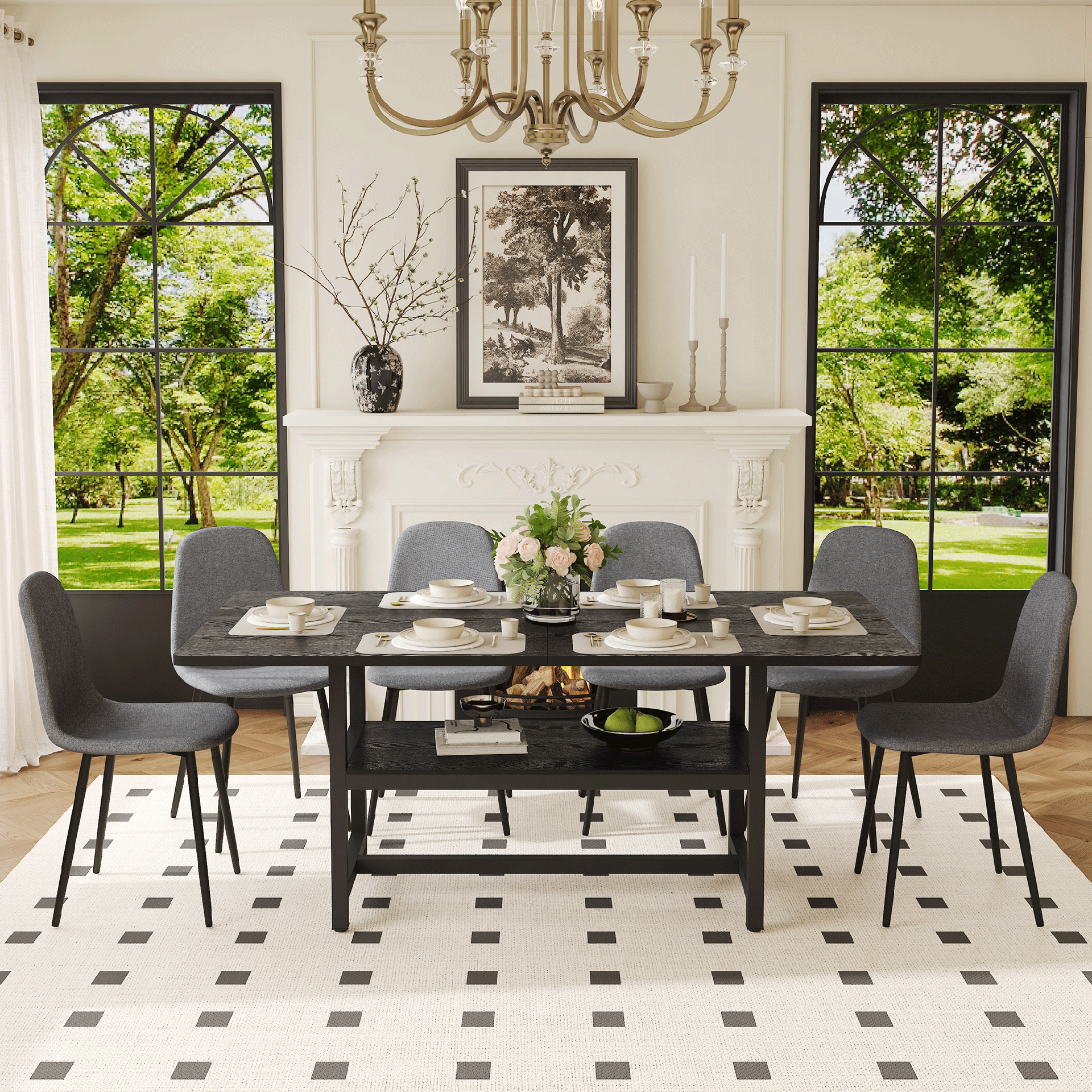 Table and chair set.71*35.4 inch Black Grain Spliced Dining Table With Storage Function In The Middle Of The Table Legs.Paired with 6 Dark Gray Linen-Cotton Material High Resilience Dining Chairs.