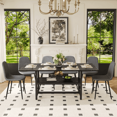 Table and chair set.71*35.4 inch Black Grain Spliced Dining Table With Storage Function In The Middle Of The Table Legs.Paired with 6 Dark Gray Linen-Cotton Material High Resilience Dining Chairs.