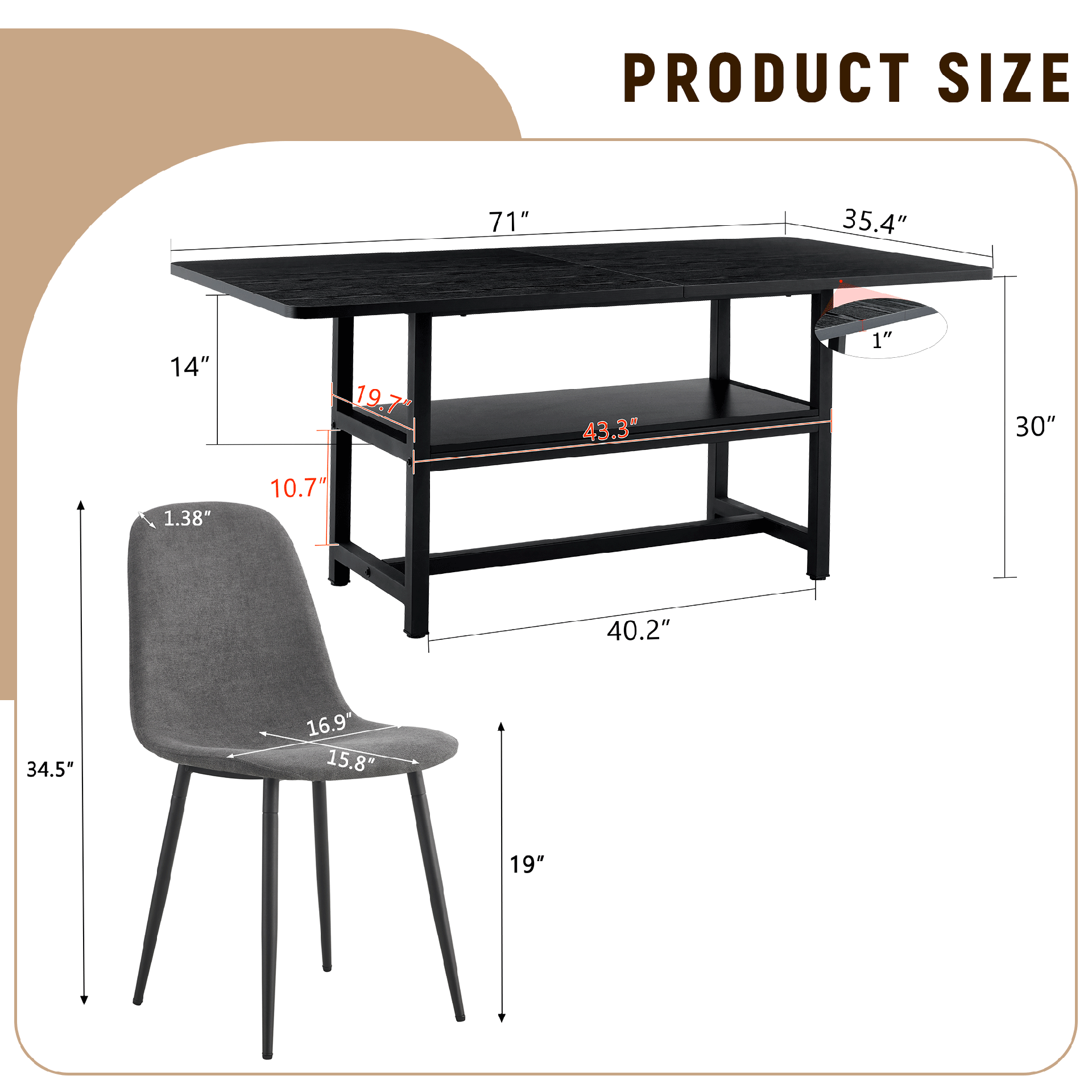 Table and chair set.71*35.4 inch Black Grain Spliced Dining Table With Storage Function In The Middle Of The Table Legs.Paired with 6 Dark Gray Linen-Cotton Material High Resilience Dining Chairs.