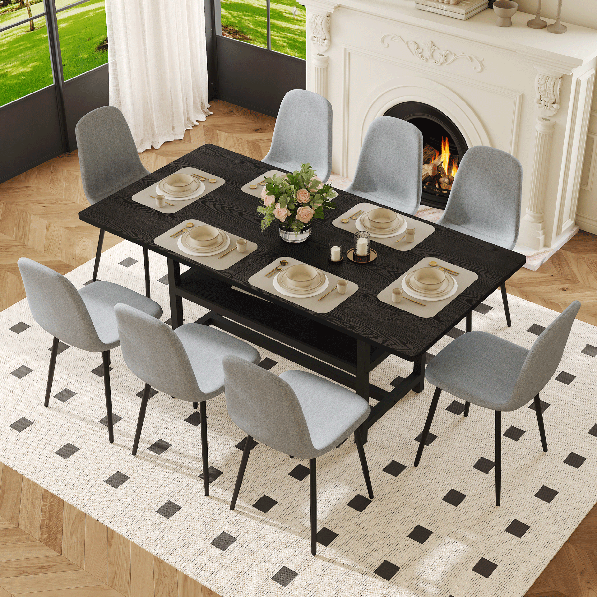 Table and chair set.71*35.4 inch Black Grain Spliced Dining Table With Storage Function In The Middle Of The Table Legs.Paired with 8 Light Gray Linen-Cotton Material High Resilience Dining Chairs.