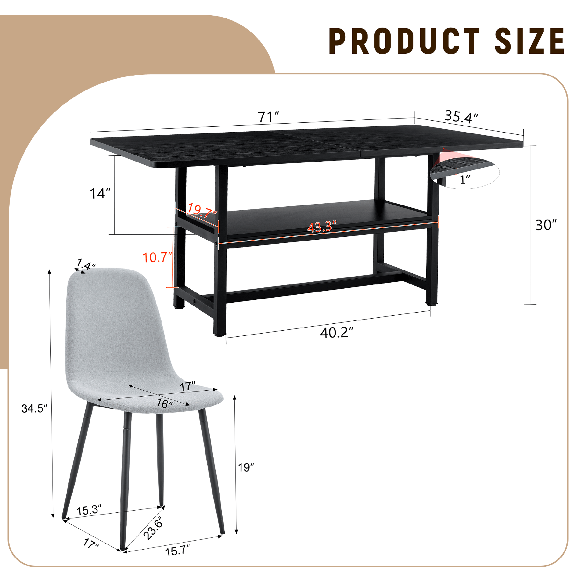 Table and chair set.71*35.4 inch Black Grain Spliced Dining Table With Storage Function In The Middle Of The Table Legs.Paired with 8 Light Gray Linen-Cotton Material High Resilience Dining Chairs.