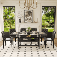 Table and chair set.71*35.4 inch Black Grain Spliced Dining Table With Storage Function In The Middle Of The Table Legs.Paired with 8 black PU dining chairs with ergonomic buckle backrest.