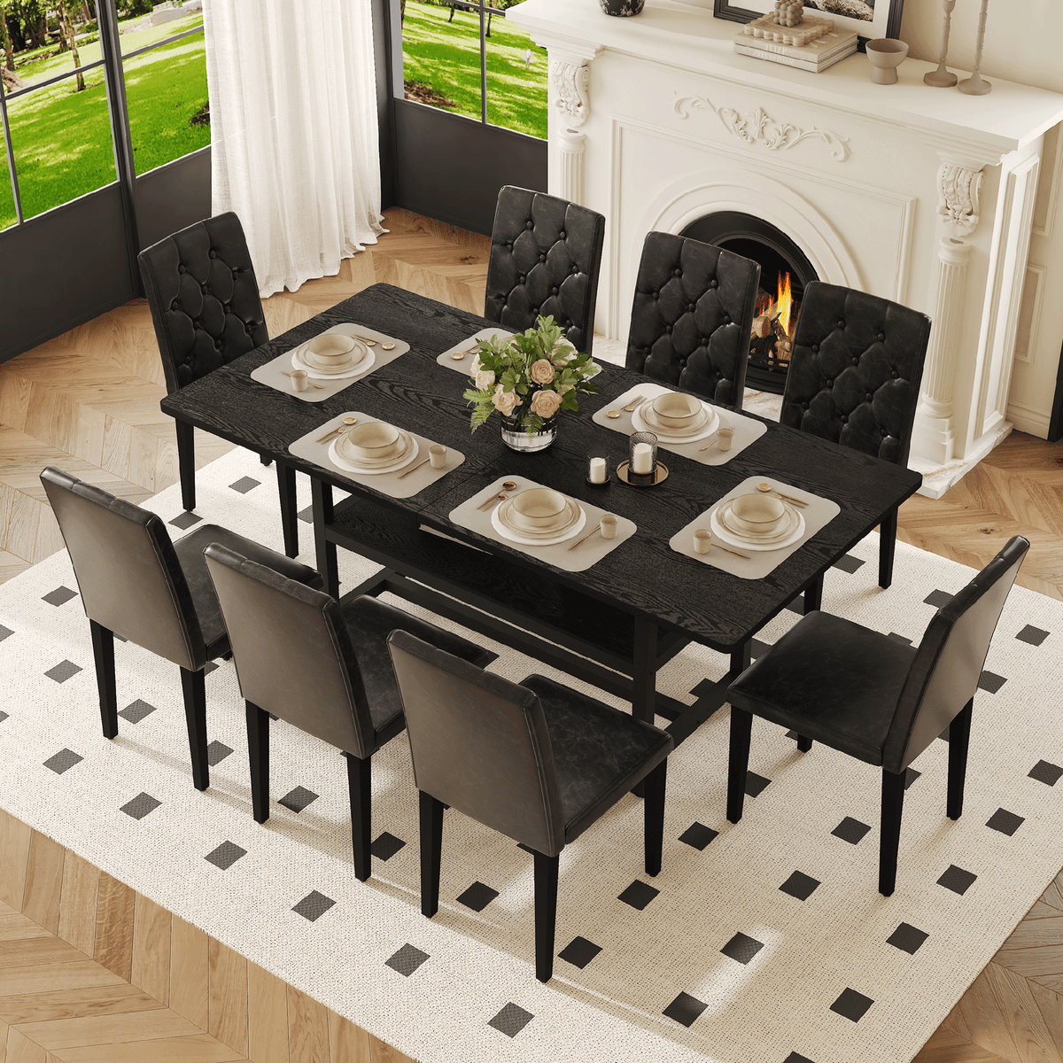 Table and chair set.71*35.4 inch Black Grain Spliced Dining Table With Storage Function In The Middle Of The Table Legs.Paired with 8 black PU dining chairs with ergonomic buckle backrest.