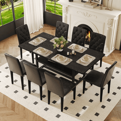 Table and chair set.71*35.4 inch Black Grain Spliced Dining Table With Storage Function In The Middle Of The Table Legs.Paired with 8 black PU dining chairs with ergonomic buckle backrest.