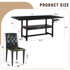 Table and chair set.71*35.4 inch Black Grain Spliced Dining Table With Storage Function In The Middle Of The Table Legs.Paired with 8 black PU dining chairs with ergonomic buckle backrest.