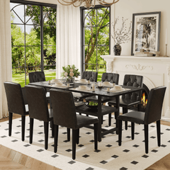 Table and chair set.71*35.4 inch Black Grain Spliced Dining Table With Storage Function In The Middle Of The Table Legs.Paired with 8 black PU dining chairs with ergonomic buckle backrest.