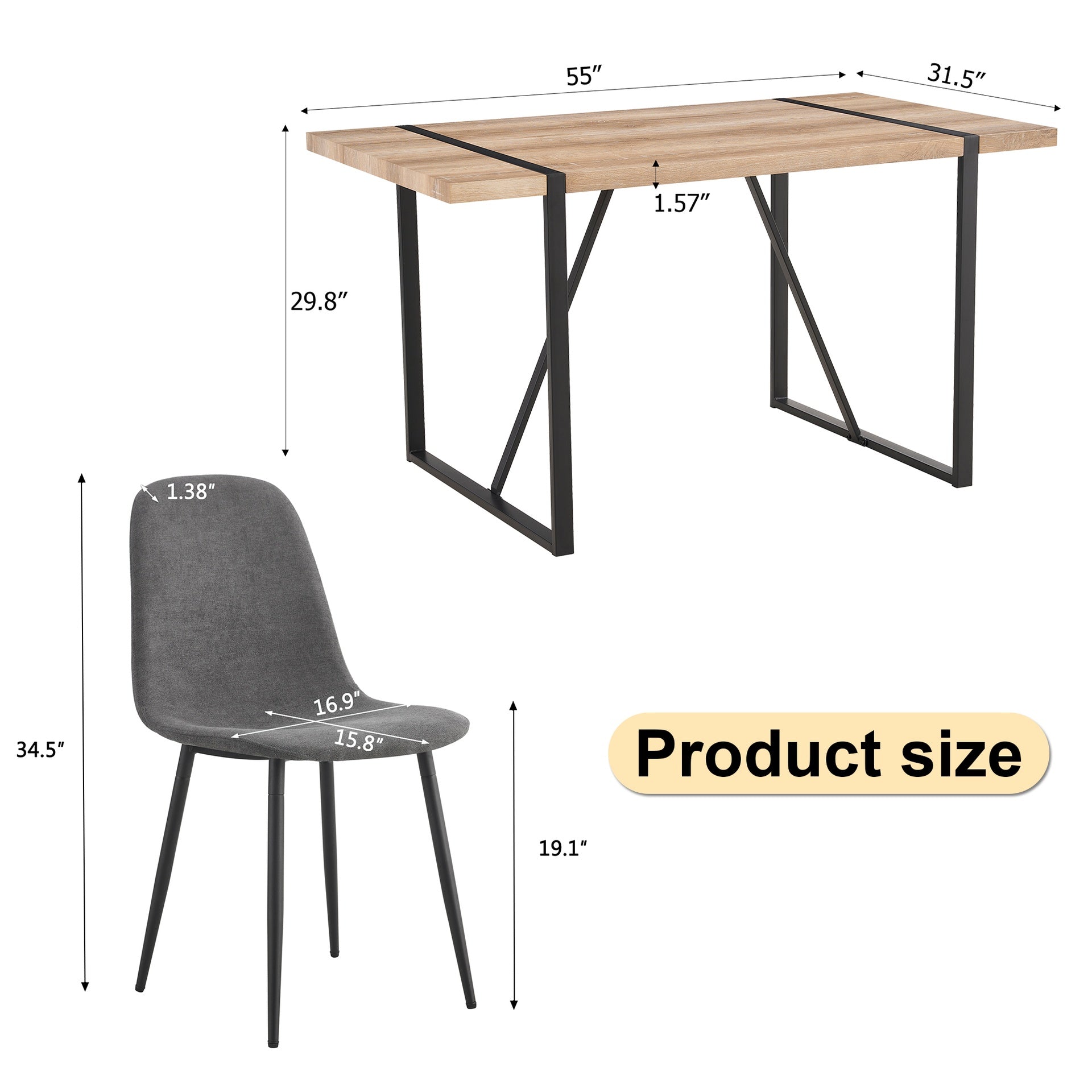 Table and chair set, upholstered side chairs in a modern medieval style, 6 dark grey dining chairs and a rustic industrial rectangular wood color MDF dining table.W1151S01857