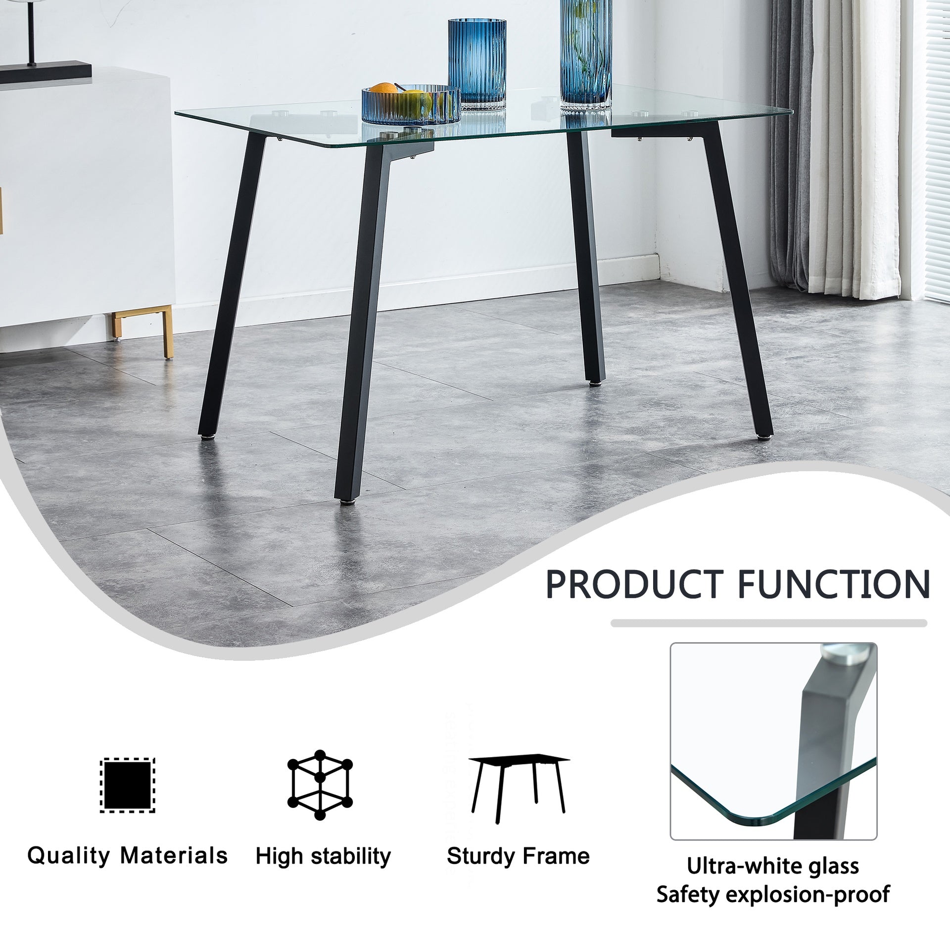 Modern Minimalist Rectangular Glass Dining Table with 0.31" Tempered Glass Tabletop and Black Coating Metal Legs, Writing Table Desk, for Kitchen Dining Living Room, 51" W x 31"D x 30" H.W1151S01839