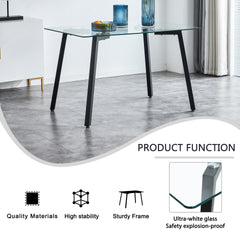 Modern Minimalist Rectangular Glass Dining Table with 0.31" Tempered Glass Tabletop and Black Coating Metal Legs, Writing Table Desk, for Kitchen Dining Living Room, 51" W x 31"D x 30" H.W1151S01839