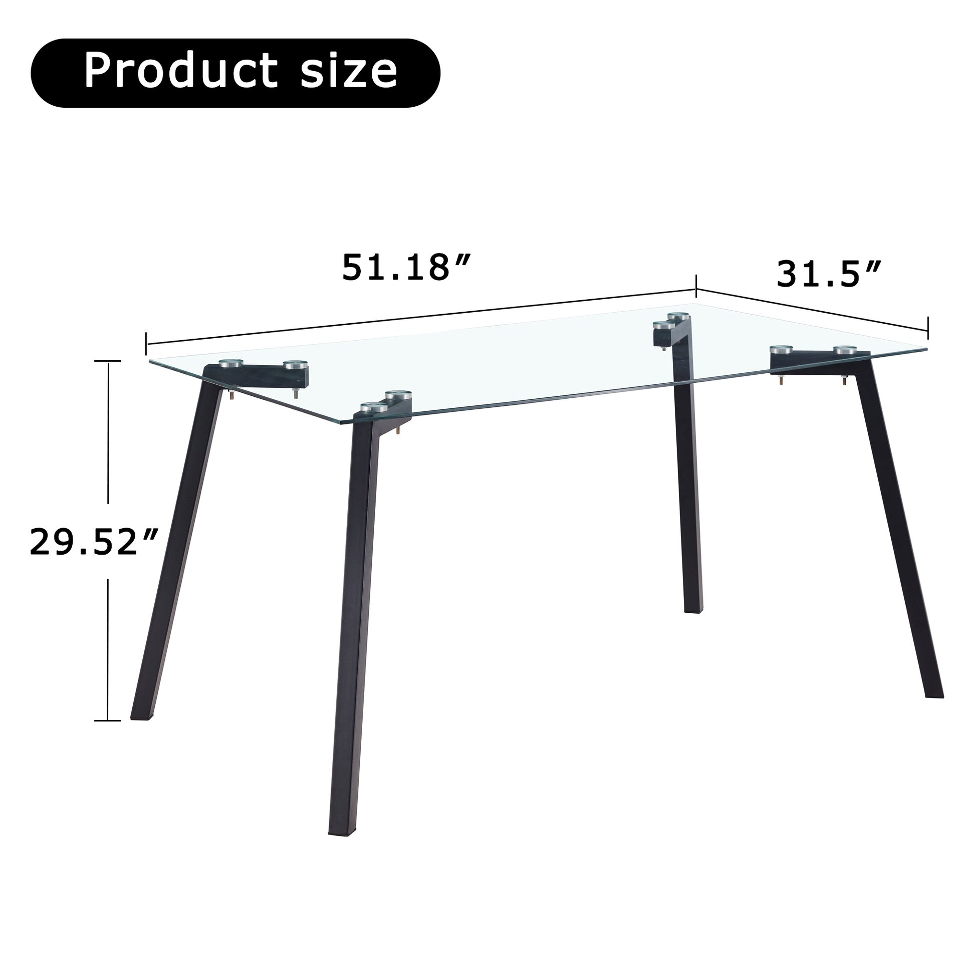 Modern Minimalist Rectangular Glass Dining Table with 0.31" Tempered Glass Tabletop and Black Coating Metal Legs, Writing Table Desk, for Kitchen Dining Living Room, 51" W x 31"D x 30" H.W1151S01839