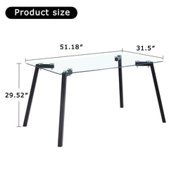 Modern Minimalist Rectangular Glass Dining Table with 0.31" Tempered Glass Tabletop and Black Coating Metal Legs, Writing Table Desk, for Kitchen Dining Living Room, 51" W x 31"D x 30" H.W1151S01839