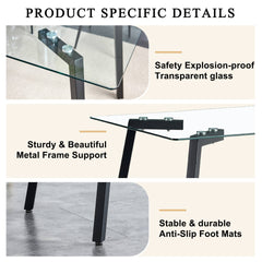 Modern Minimalist Rectangular Glass Dining Table with 0.31" Tempered Glass Tabletop and Black Coating Metal Legs, Writing Table Desk, for Kitchen Dining Living Room, 51" W x 31"D x 30" H.W1151S01839