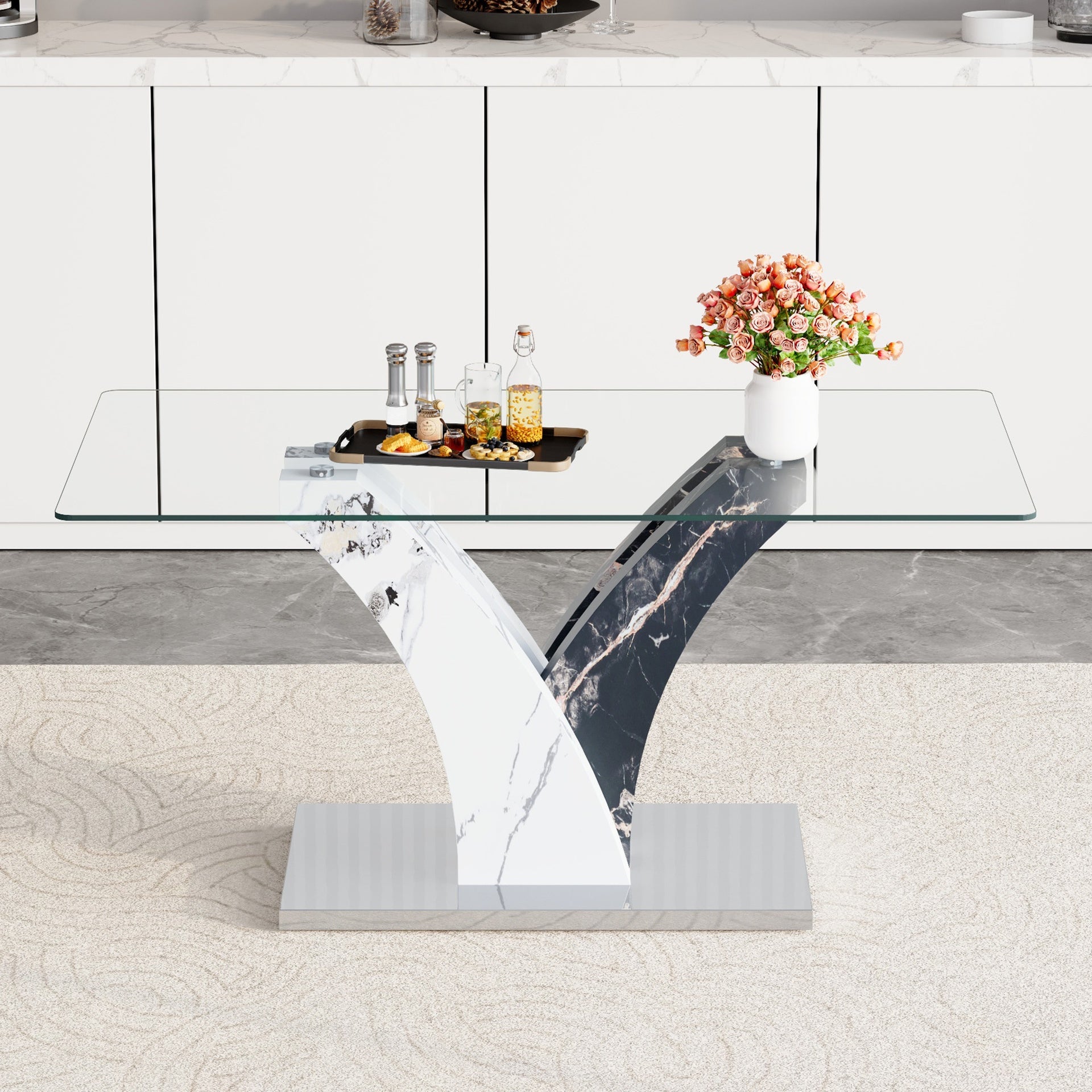 Modern dining table, tempered glass countertop, and artistic MDF legs are perfect for hosting dinners, conferences, home, and office decorations.