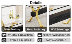 1 table and 8 chairs. Modern, simple and luxurious tempered glass rectangular dining table and desk with 8 white PU gold plated leg chairs 79''x39''x30''