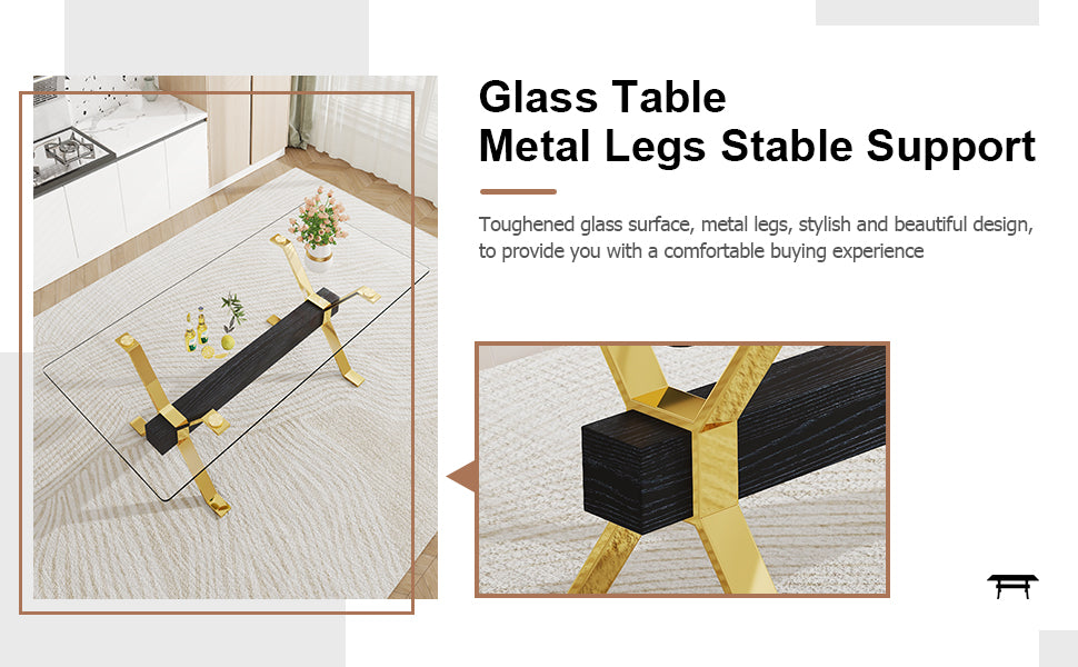 1 table and 8 chairs. Modern, simple and luxurious tempered glass rectangular dining table and desk with 8 white PU gold plated leg chairs 79''x39''x30''