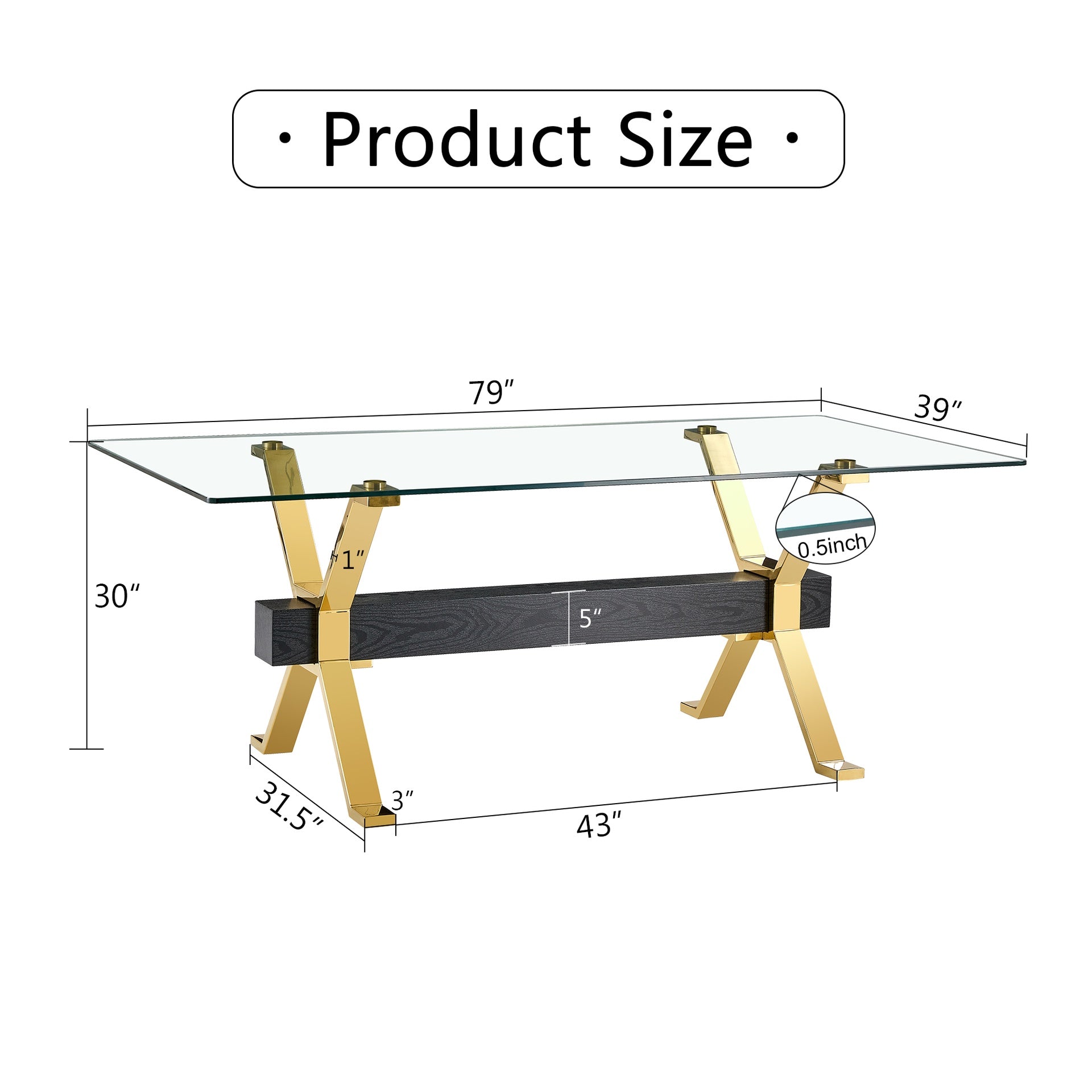1 table and 8 chairs. Modern, simple and luxurious tempered glass rectangular dining table and desk with 8 white PU gold plated leg chairs 79''x39''x30''