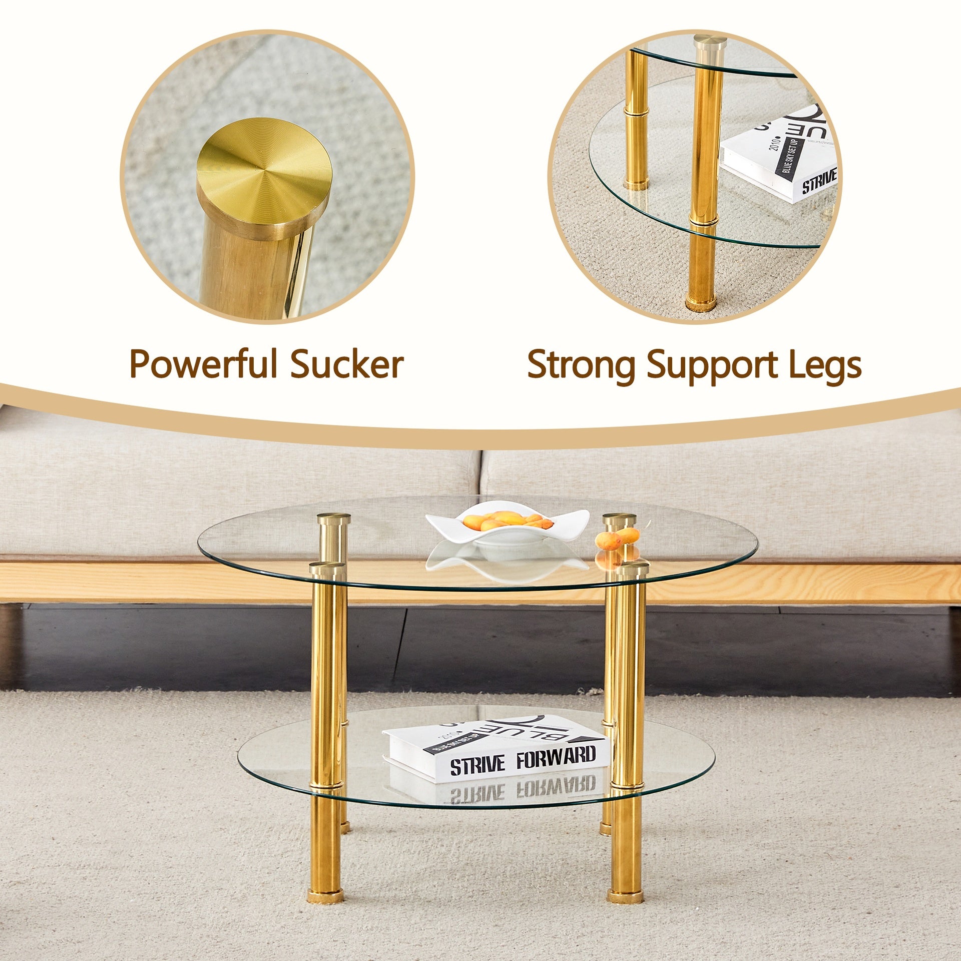 Contemporary Minimalist Double Layer Tempered Glass Coffee Table - 27.5" Top and 23.6" Bottom.Reinforced Glass Tabletop,Stainless Steel Gold Plated Legs.