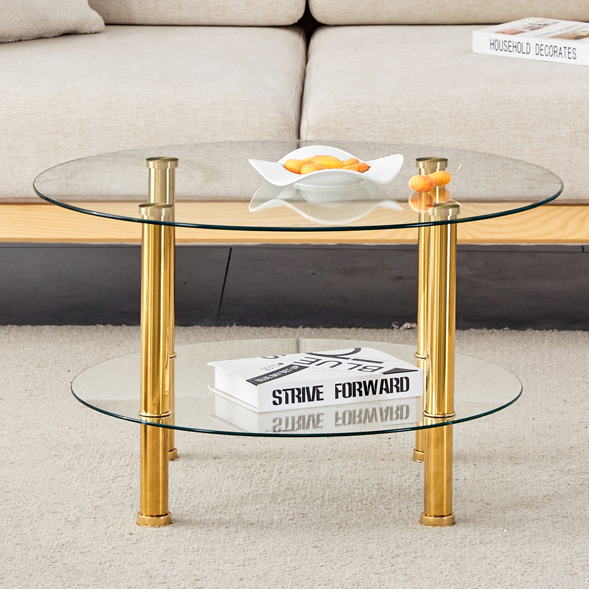 Contemporary Minimalist Double Layer Tempered Glass Coffee Table - 27.5" Top and 23.6" Bottom.Reinforced Glass Tabletop,Stainless Steel Gold Plated Legs.