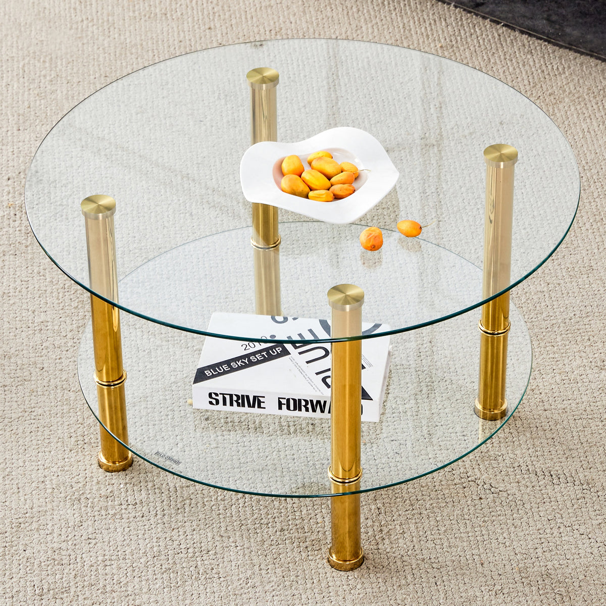 Contemporary Minimalist Double Layer Tempered Glass Coffee Table - 27.5" Top and 23.6" Bottom.Reinforced Glass Tabletop,Stainless Steel Gold Plated Legs.