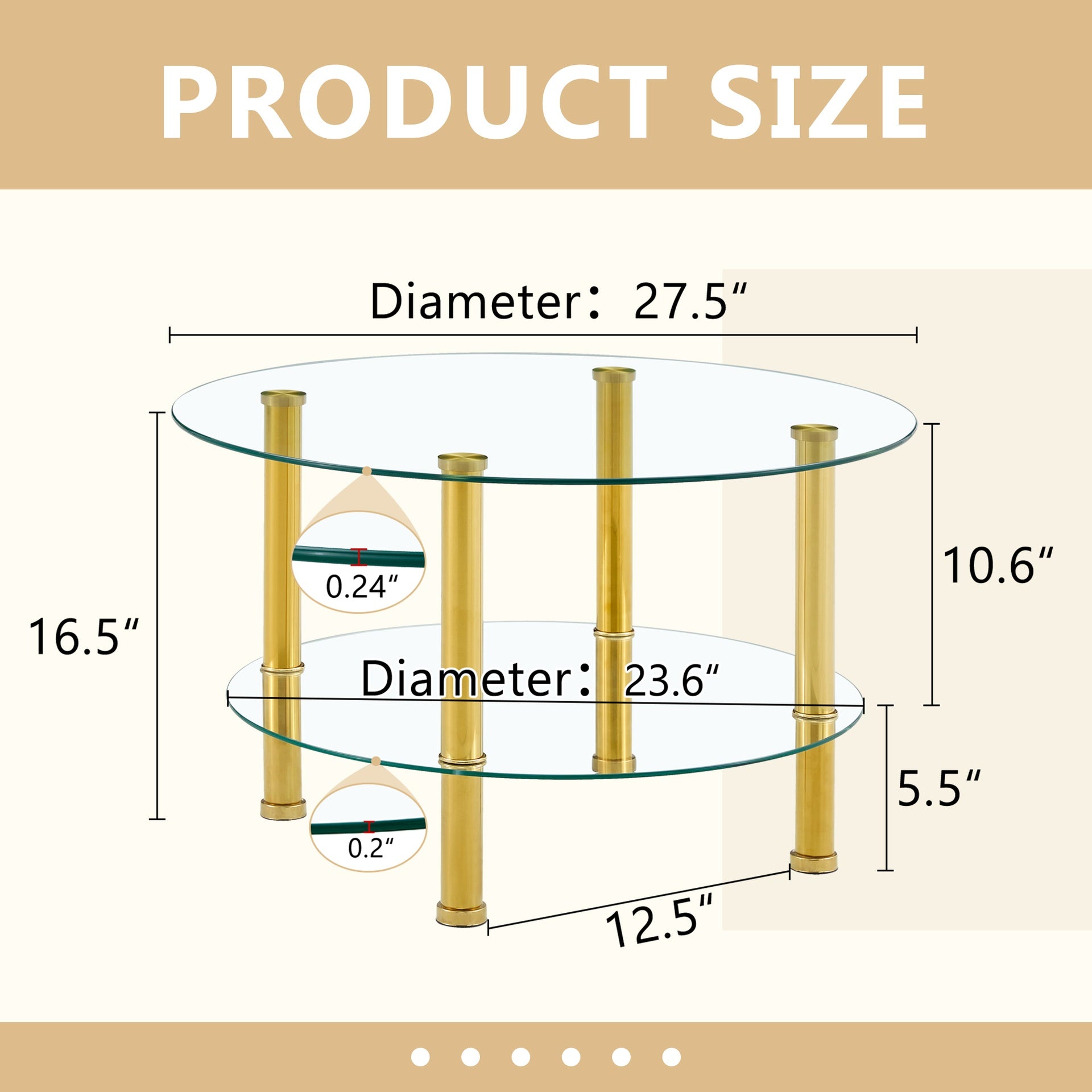 Contemporary Minimalist Double Layer Tempered Glass Coffee Table - 27.5" Top and 23.6" Bottom.Reinforced Glass Tabletop,Stainless Steel Gold Plated Legs.