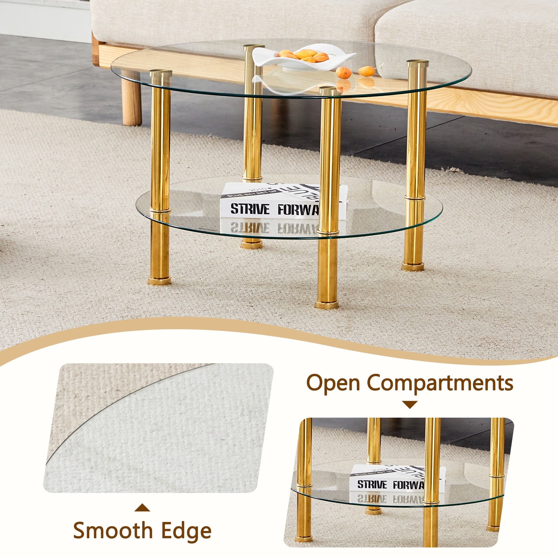 Contemporary Minimalist Double Layer Tempered Glass Coffee Table - 27.5" Top and 23.6" Bottom.Reinforced Glass Tabletop,Stainless Steel Gold Plated Legs.