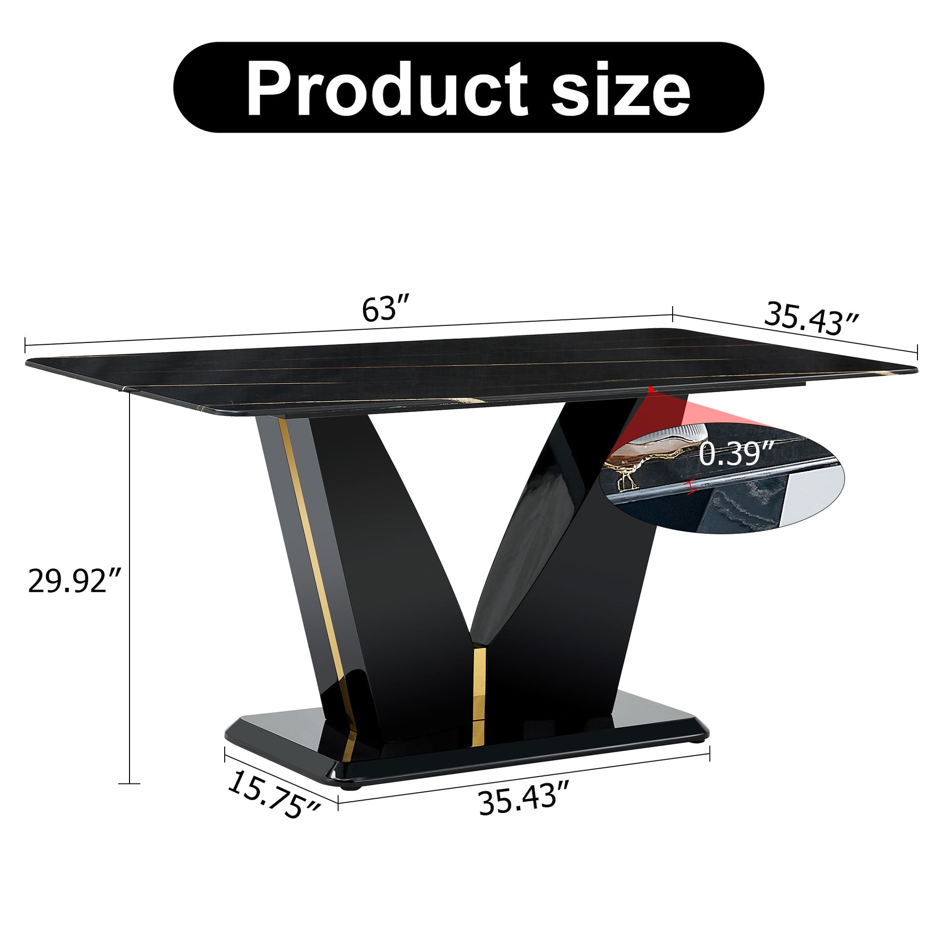 Modern minimalist rectangular dining table, 0.4 inch thick, with a black imitation marble pattern desktop and black MDF legs. Suitable for kitchen and restaurant 63''*35.4''X30".W1151S00387