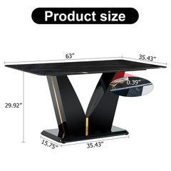 Modern minimalist rectangular dining table, 0.4 inch thick, with a black imitation marble pattern desktop and black MDF legs. Suitable for kitchen and restaurant 63''*35.4''X30".W1151S00387