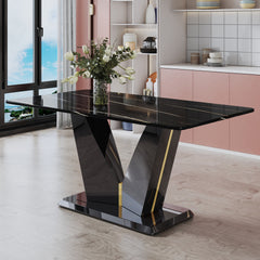 Modern minimalist rectangular dining table, 0.4 inch thick, with a black imitation marble pattern desktop and black MDF legs. Suitable for kitchen and restaurant 63''*35.4''X30".W1151S00387