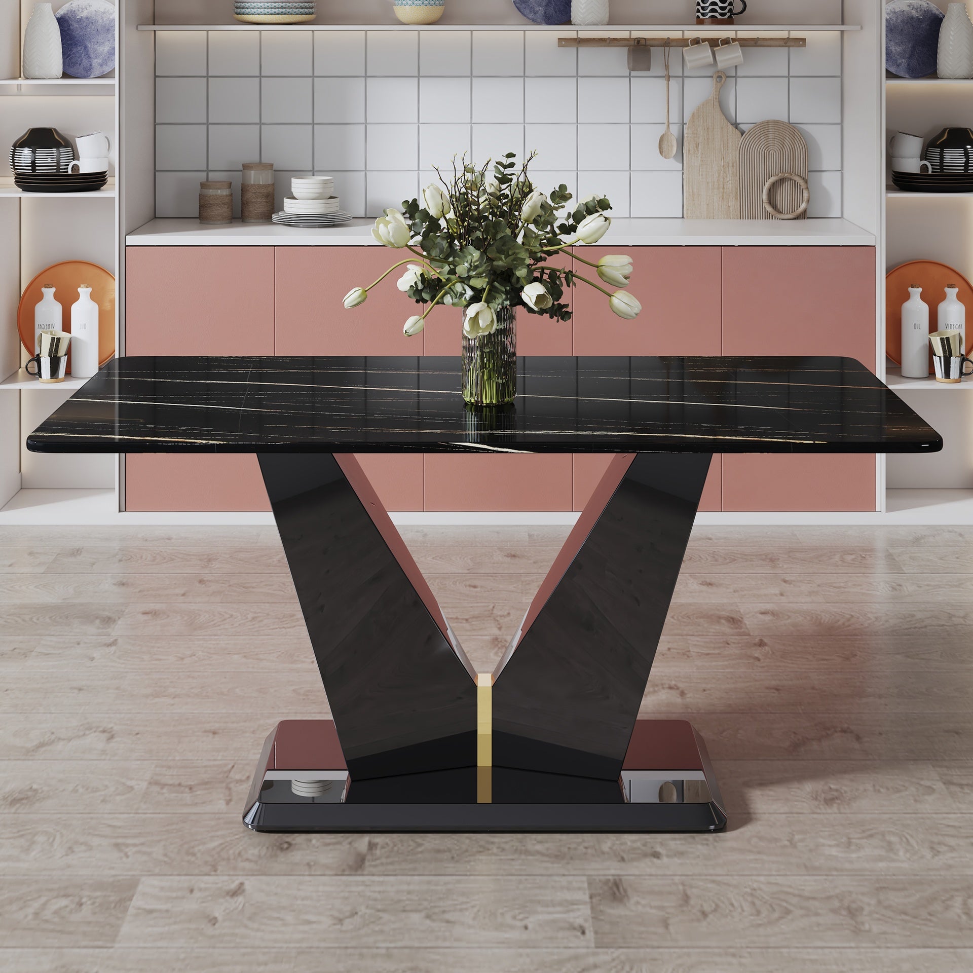 Modern minimalist rectangular dining table, 0.4 inch thick, with a black imitation marble pattern desktop and black MDF legs. Suitable for kitchen and restaurant 63''*35.4''X30".W1151S00387