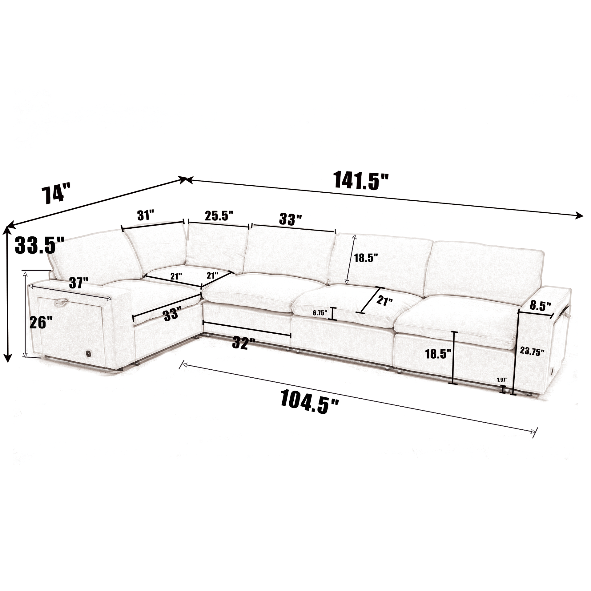 [NEW ARRIVED] [VIDEO PROVIDED]Sectional Couches For Living Room,Modular Couch,Wireless Charging Port & Cup Holders,5-seat ,DIY Combination,L-shaped Sofa,Book Storage Space,Soft Linen Fabric,Gray